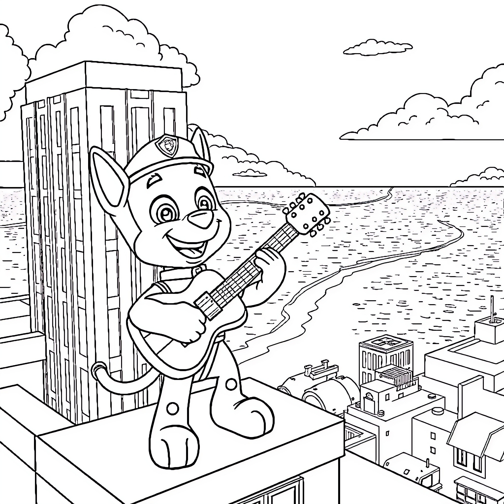 Ruben's Musical Adventure in the City Coloring Page (free black-and-white line drawing printable PDF for all, from beginners to advanced learners, including children, teens, adults, and seniors)
