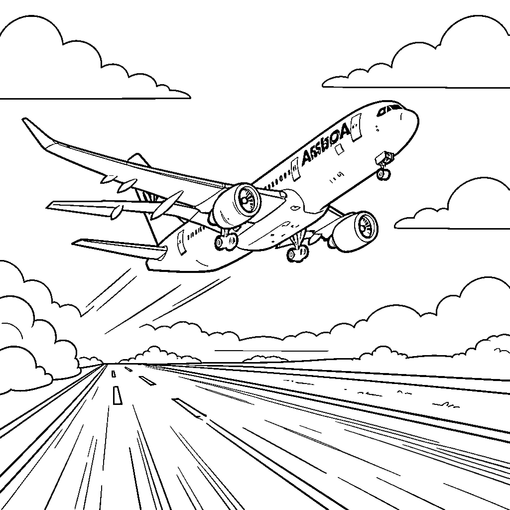 Airbus A350 taking off from a runway Coloring Page (free black-and-white line drawing printable PDF for all, from beginners to advanced learners, including children, teens, adults, and seniors)