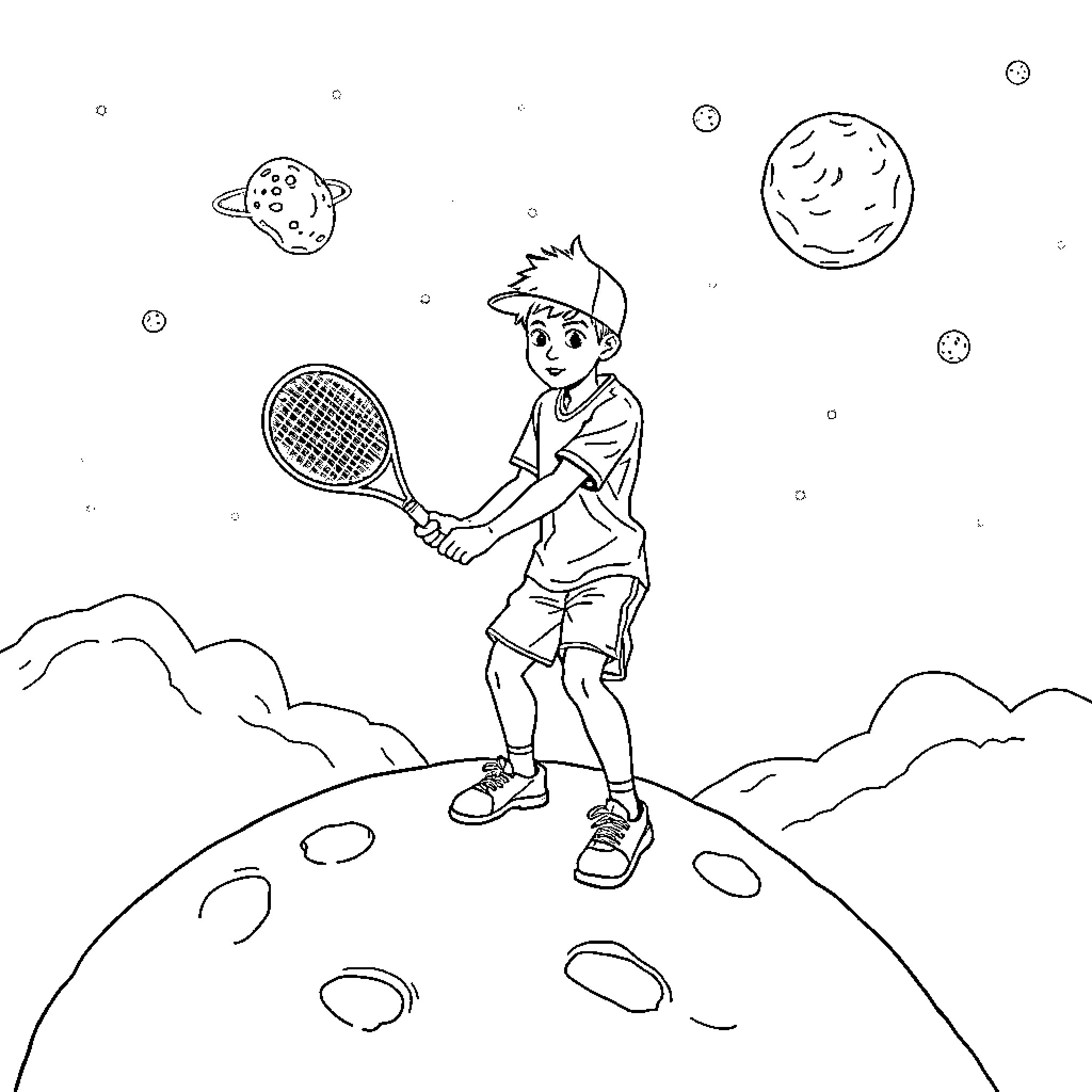 Teen playing tennis in a cosmic landscape Coloring Page (free black-and-white line drawing printable PDF for all, from beginners to advanced learners, including children, teens, adults, and seniors)