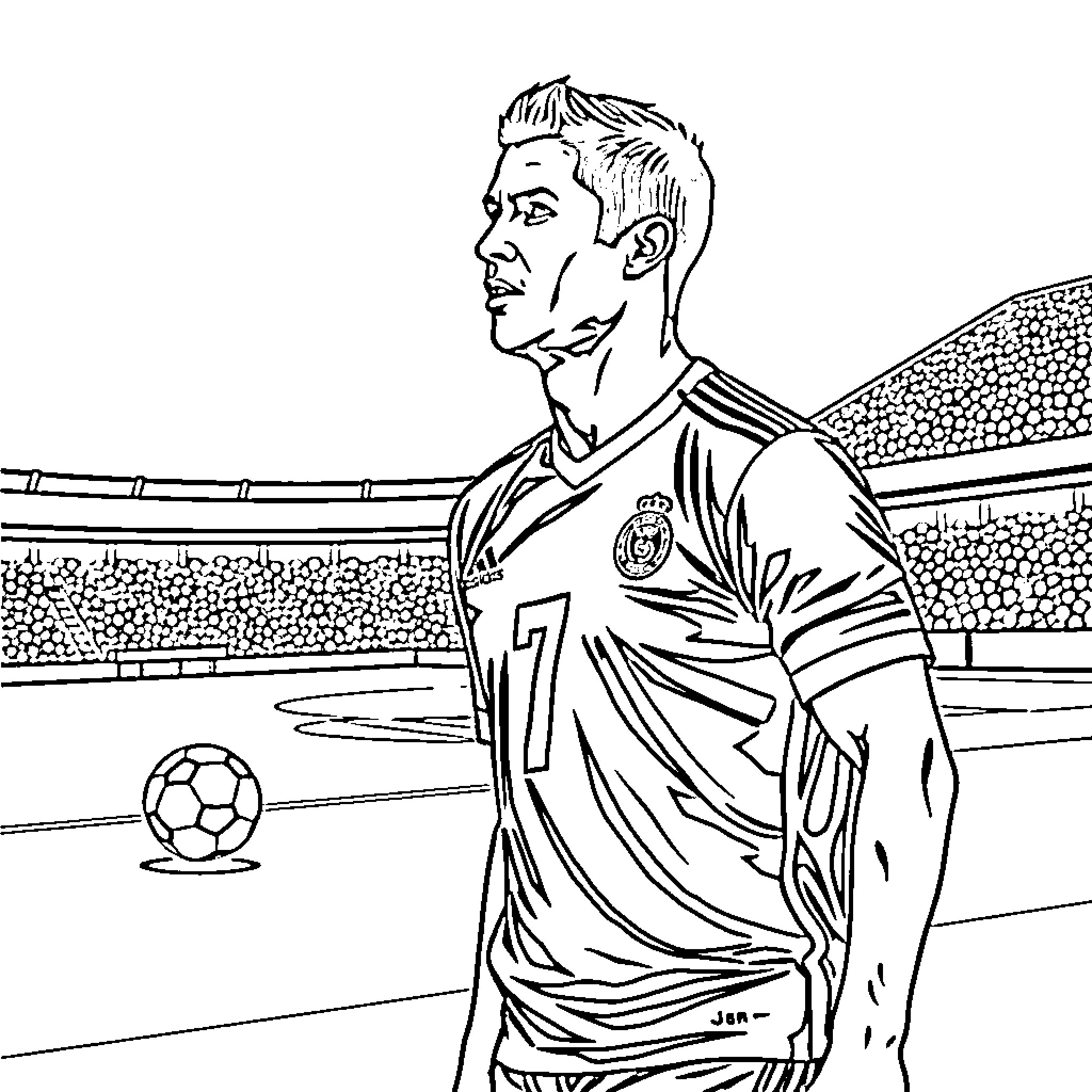 Cristiano Ronaldo standing confidently on soccer field Coloring Page (free black-and-white line drawing printable PDF for all, from beginners to advanced learners, including children, teens, adults, and seniors)