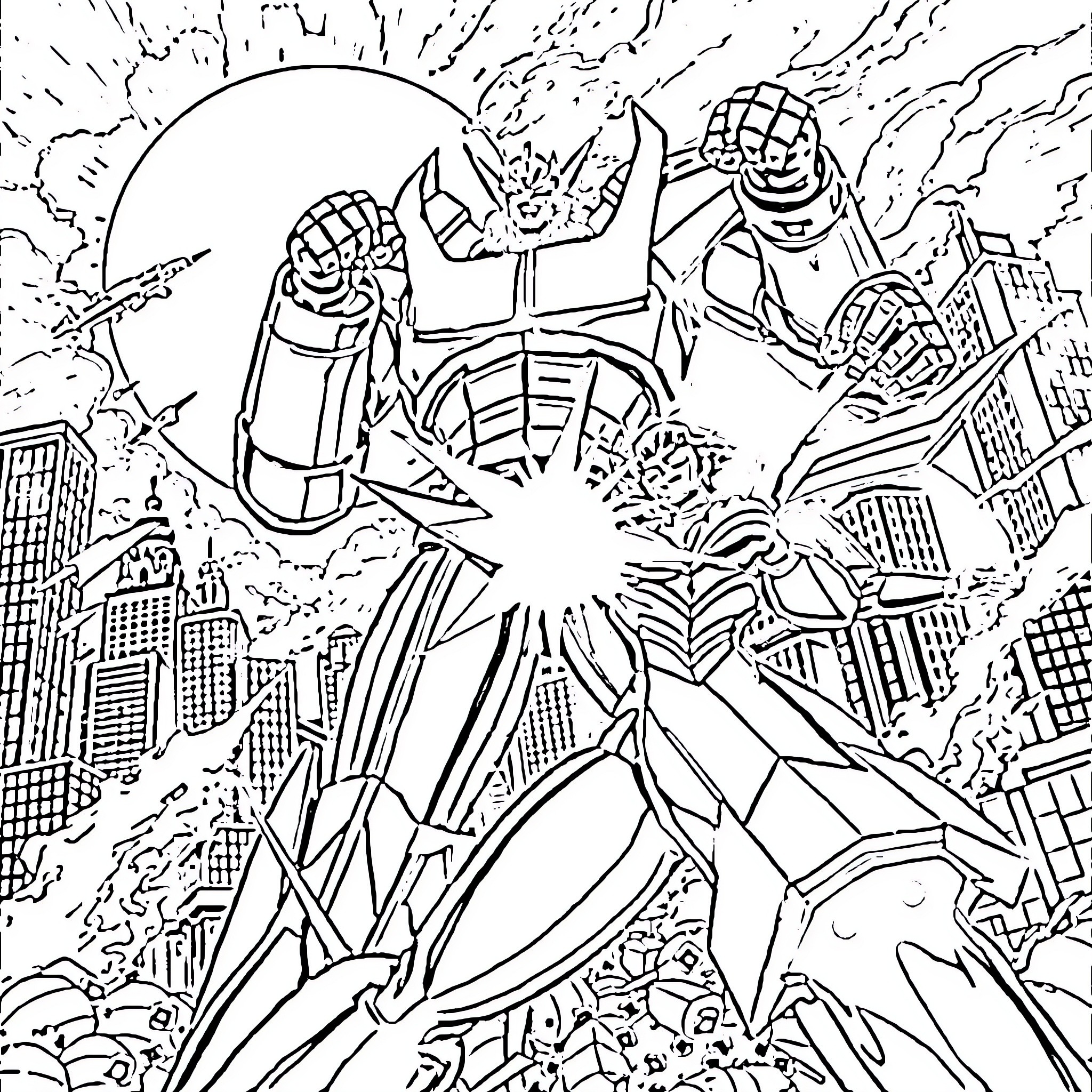 Mazinger Z battling against a giant robotic foe Coloring Page (free black-and-white line drawing printable PDF for all, from beginners to advanced learners, including children, teens, adults, and seniors)
