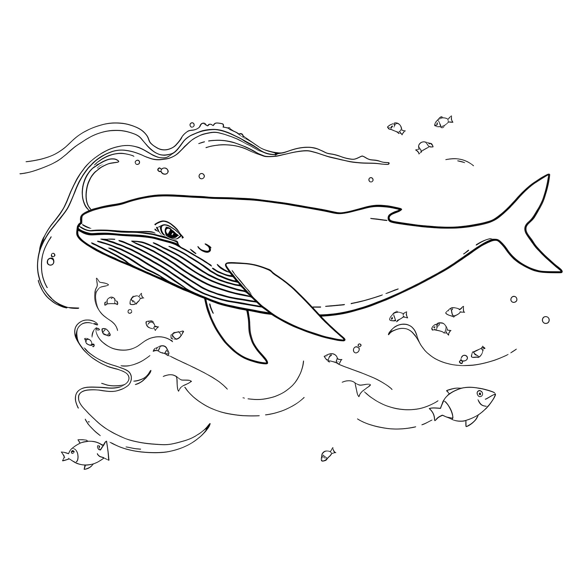 Whale swimming with smaller fish in the ocean Coloring Page (free black-and-white line drawing printable PDF for all, from beginners to advanced learners, including children, teens, adults, and seniors)