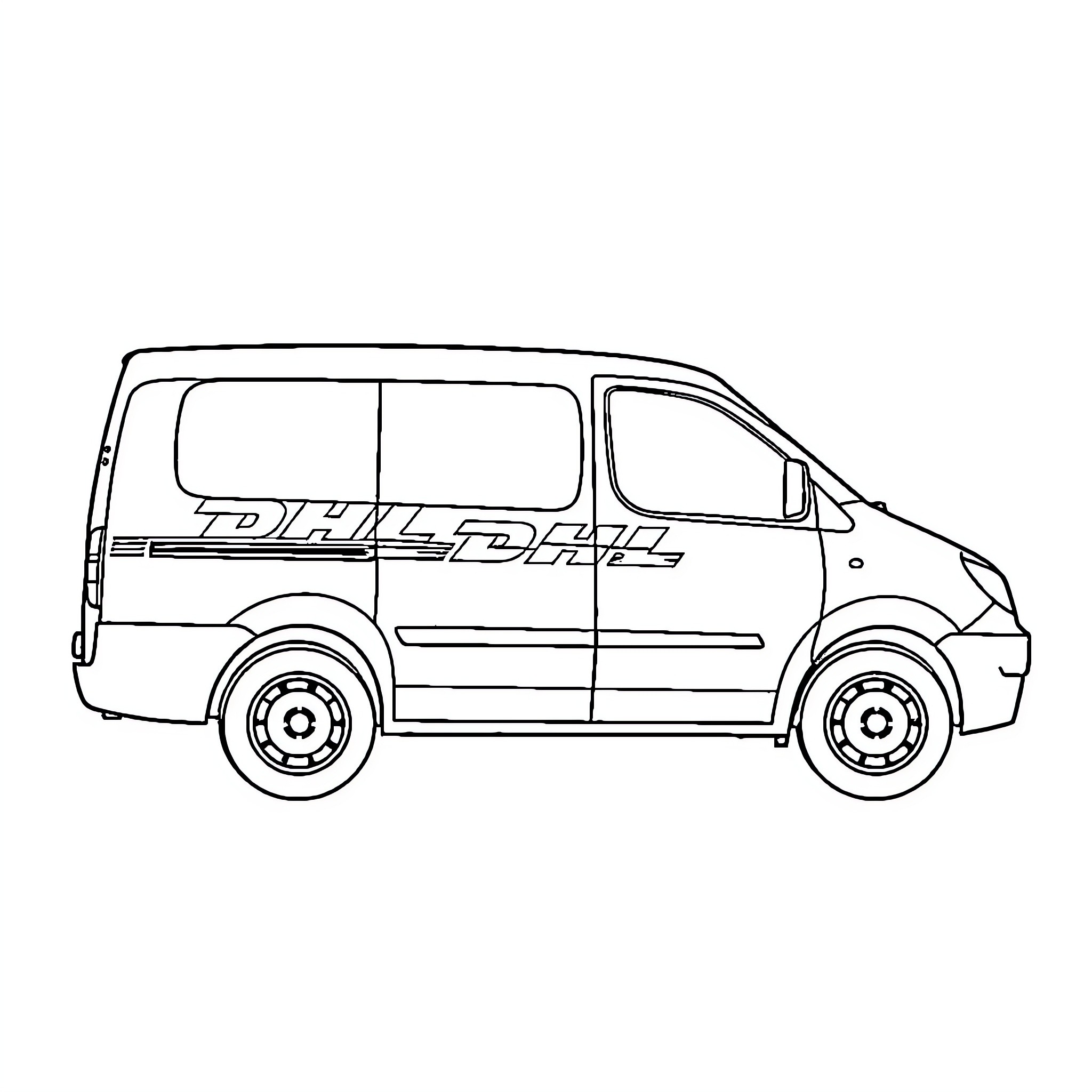 Car with delivery service logo in simple line drawing Coloring Page (free black-and-white line drawing printable PDF for all, from beginners to advanced learners, including children, teens, adults, and seniors)