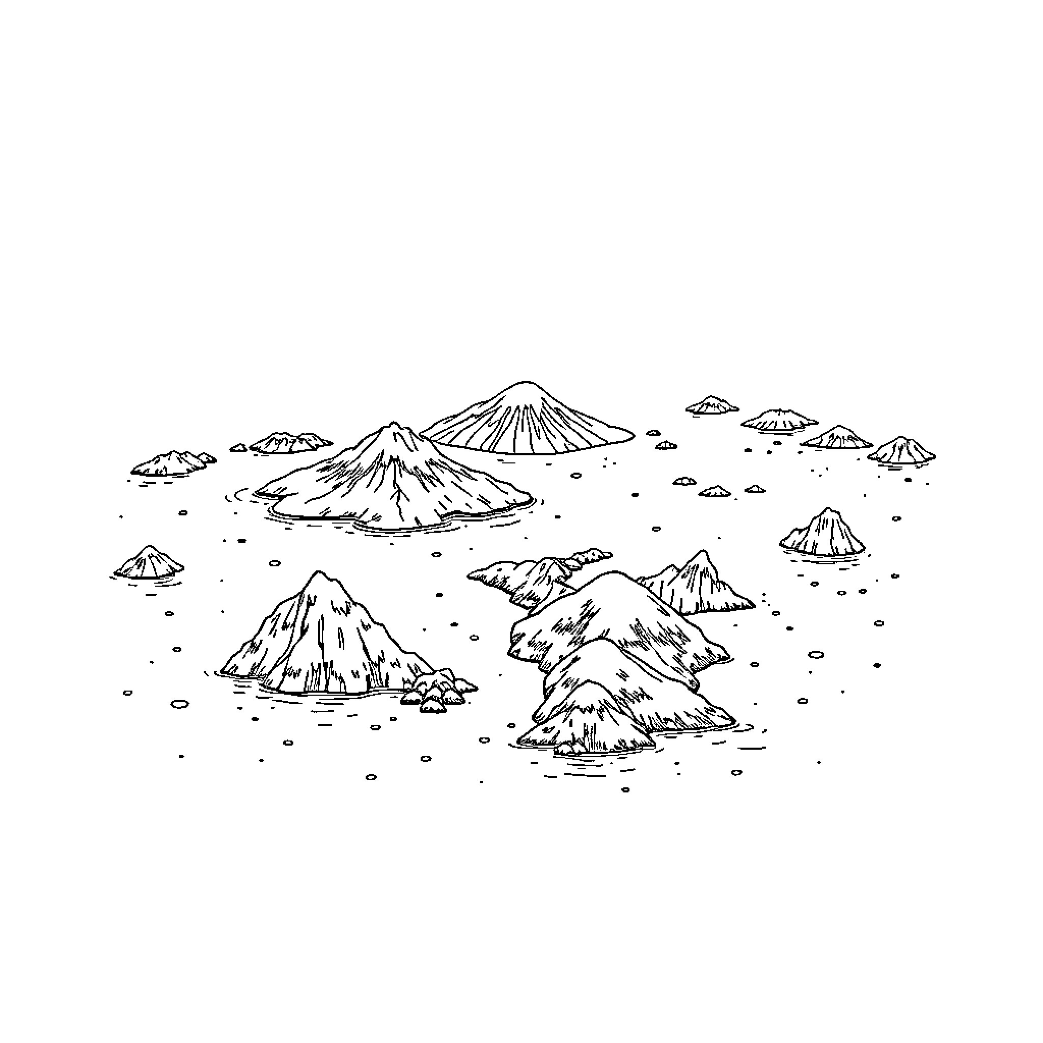 Island of Majestic Mountain Peaks Coloring Page (free black-and-white line drawing printable PDF for all, from beginners to advanced learners, including children, teens, adults, and seniors)