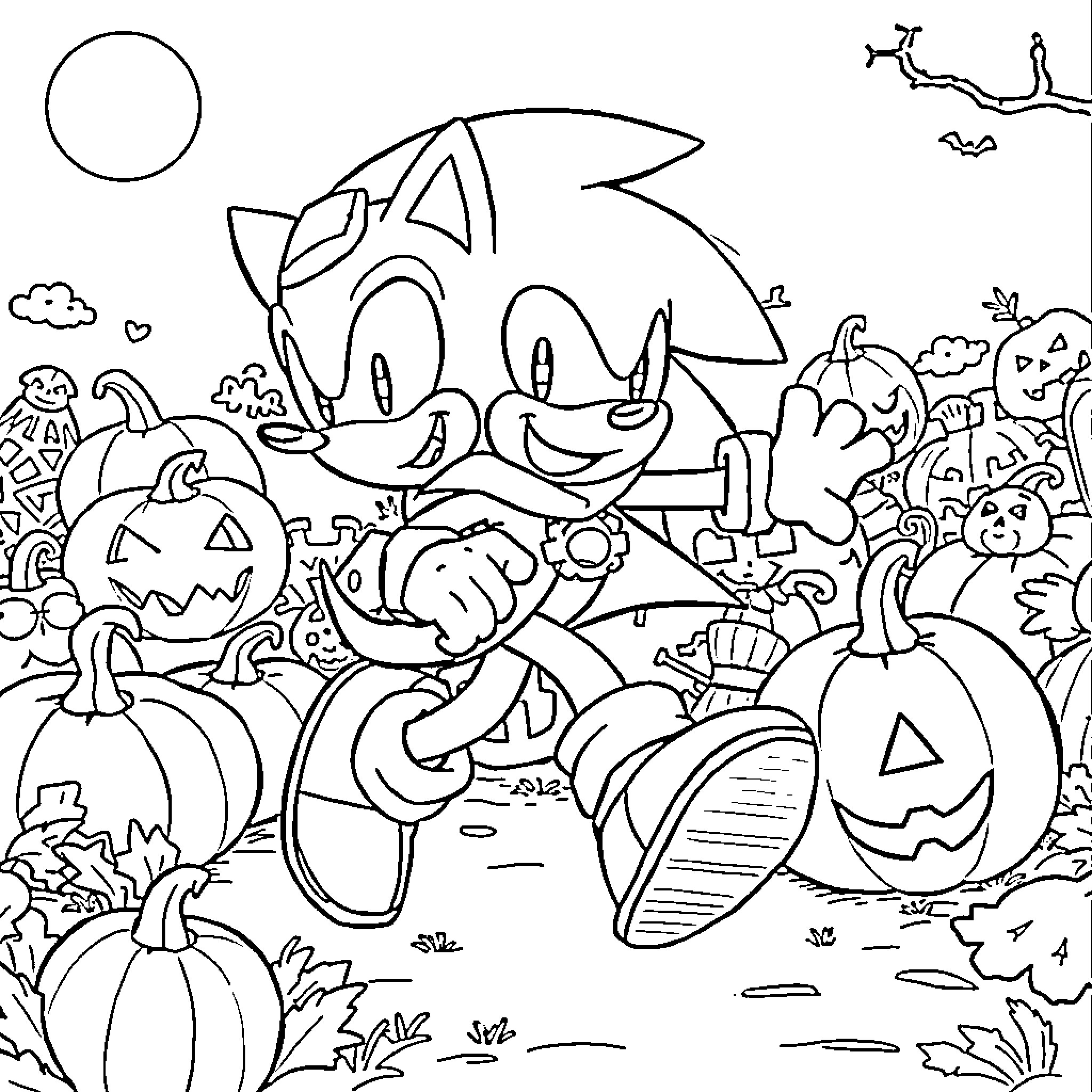 Sonic's Spooky Halloween Adventure Coloring Page (free black-and-white line drawing printable PDF for all, from beginners to advanced learners, including children, teens, adults, and seniors)