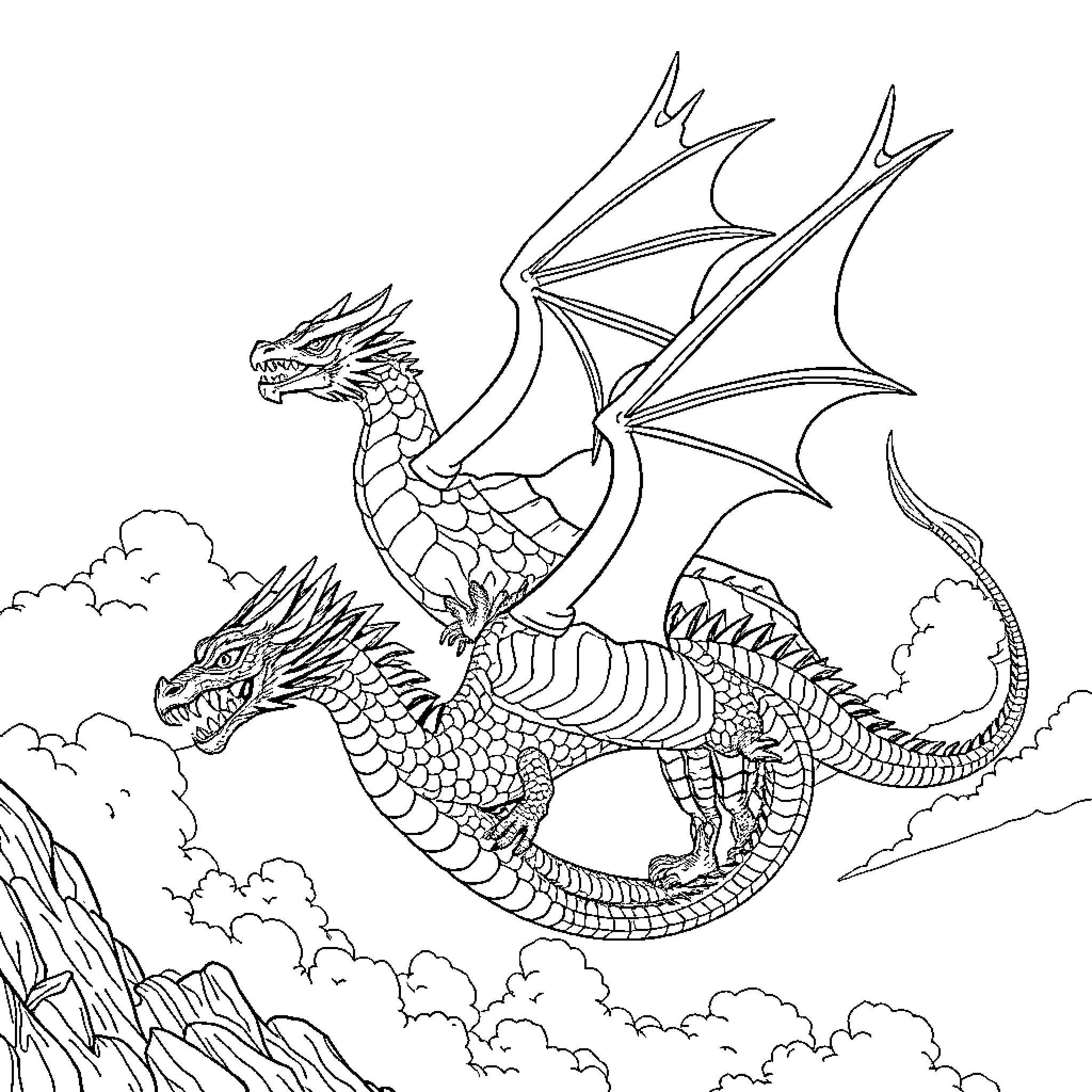 Dragon duo soaring through the skies Coloring Page (free black-and-white line drawing printable PDF for all, from beginners to advanced learners, including children, teens, adults, and seniors)