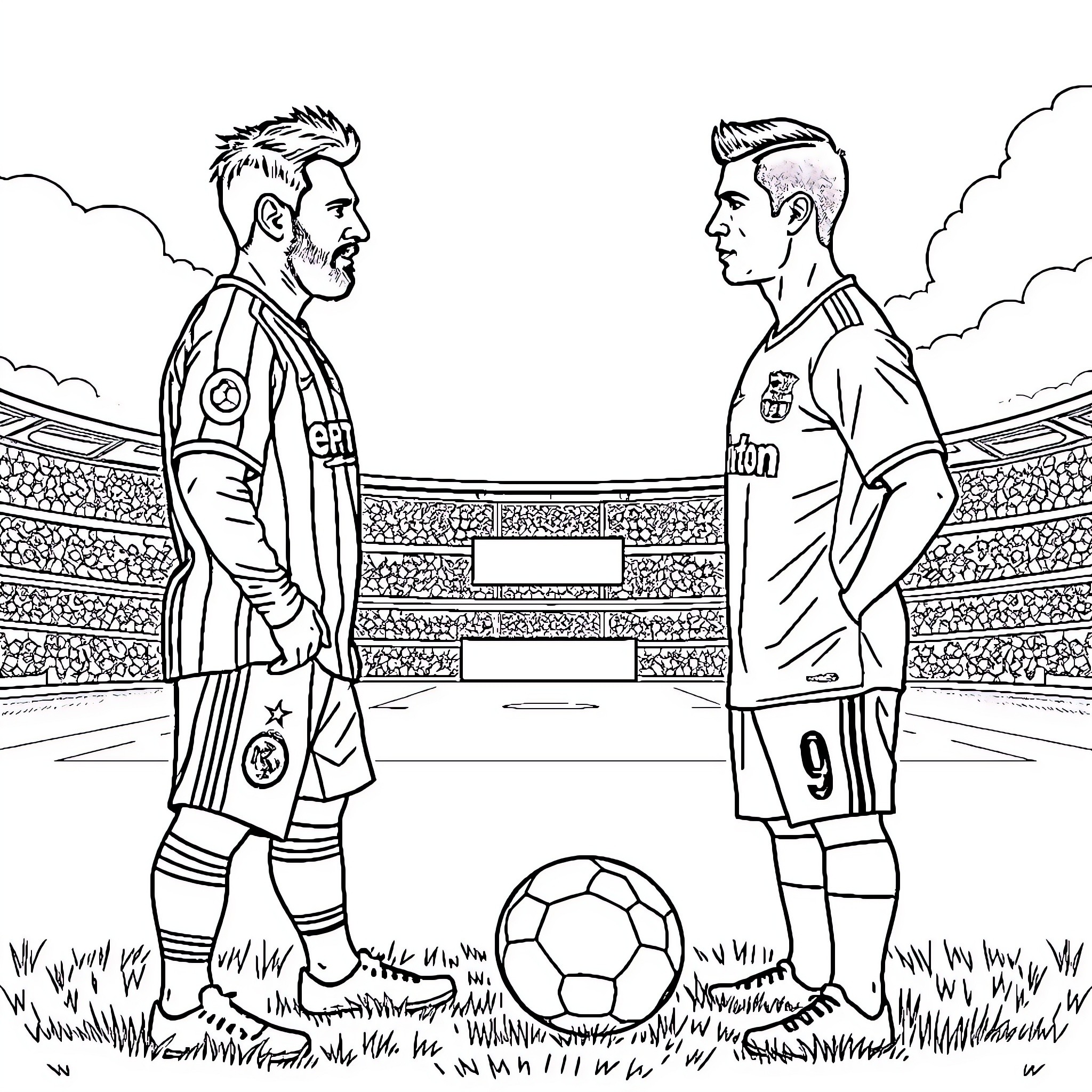 Messi vs. Ronaldo - Face-off on the Soccer Pitch Coloring Page (free black-and-white line drawing printable PDF for all, from beginners to advanced learners, including children, teens, adults, and seniors)