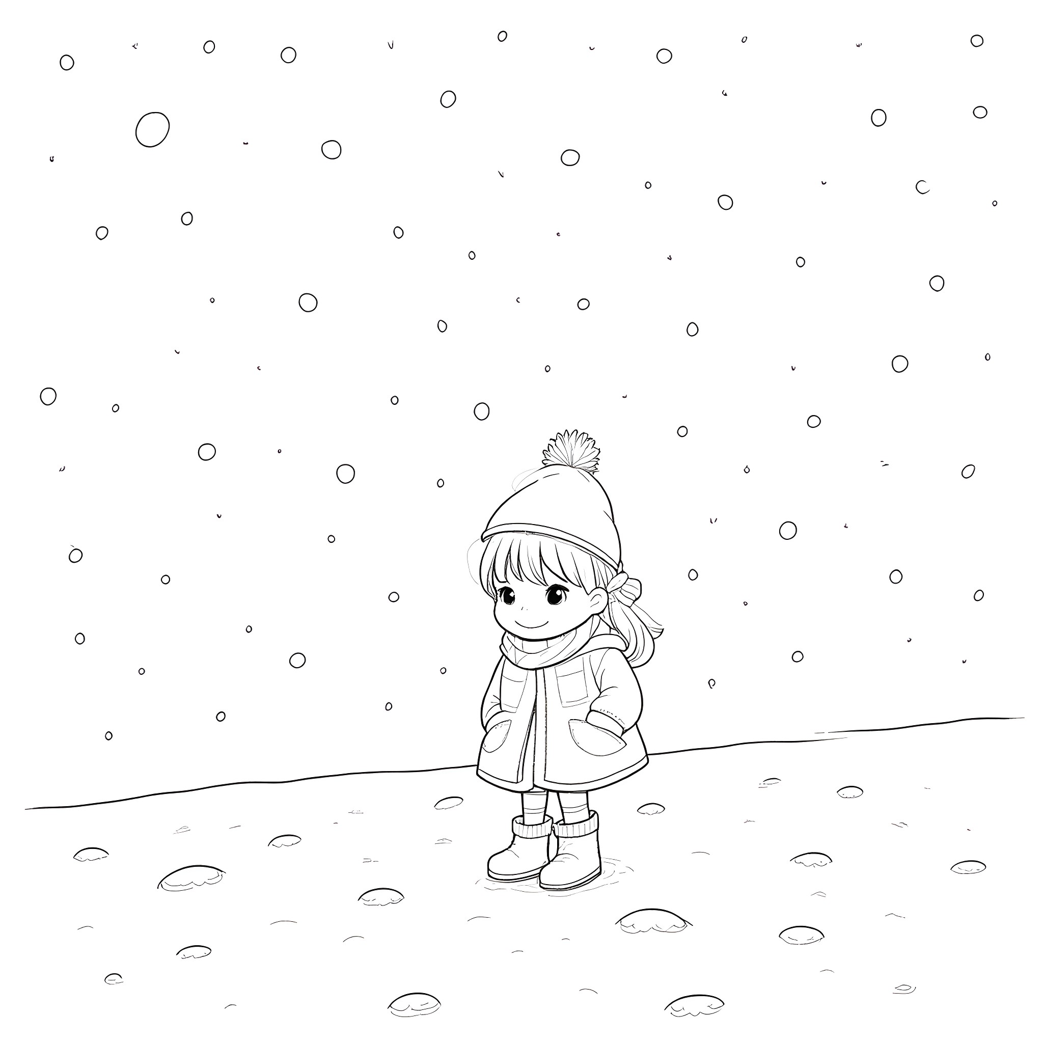 Girl enjoying the snowy winter day Coloring Page (free black-and-white line drawing printable PDF for all, from beginners to advanced learners, including children, teens, adults, and seniors)