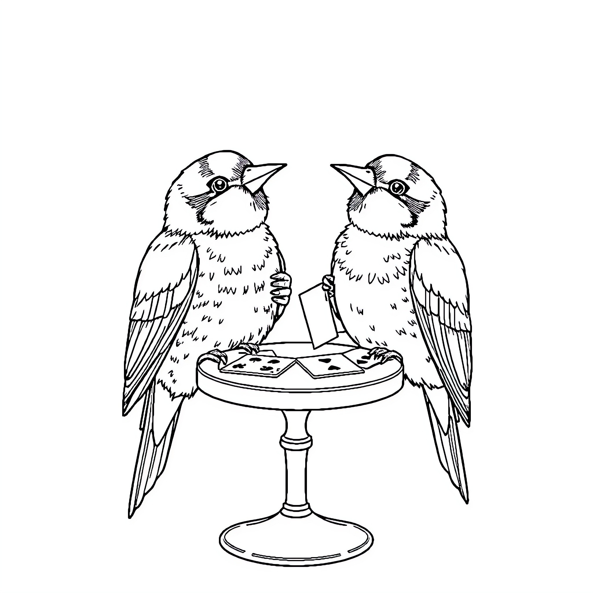 Birds sharing a meal on a pedestal Coloring Page (free black-and-white line drawing printable PDF for all, from beginners to advanced learners, including children, teens, adults, and seniors)