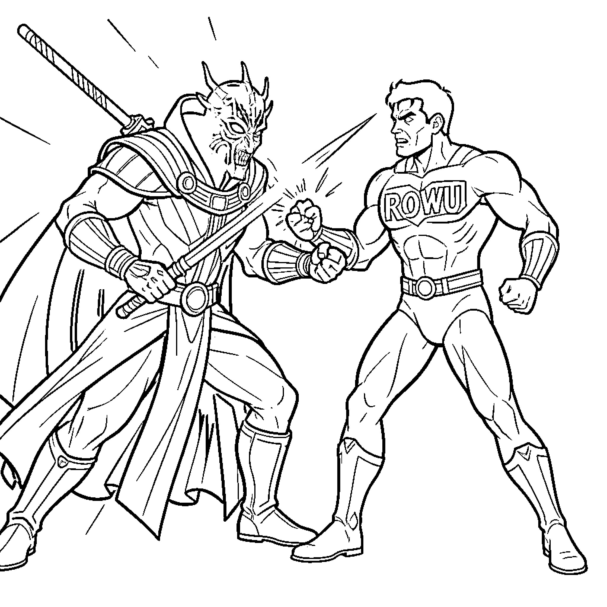 Darth Maul battles against a heroic figure Coloring Page (free black-and-white line drawing printable PDF for all, from beginners to advanced learners, including children, teens, adults, and seniors)
