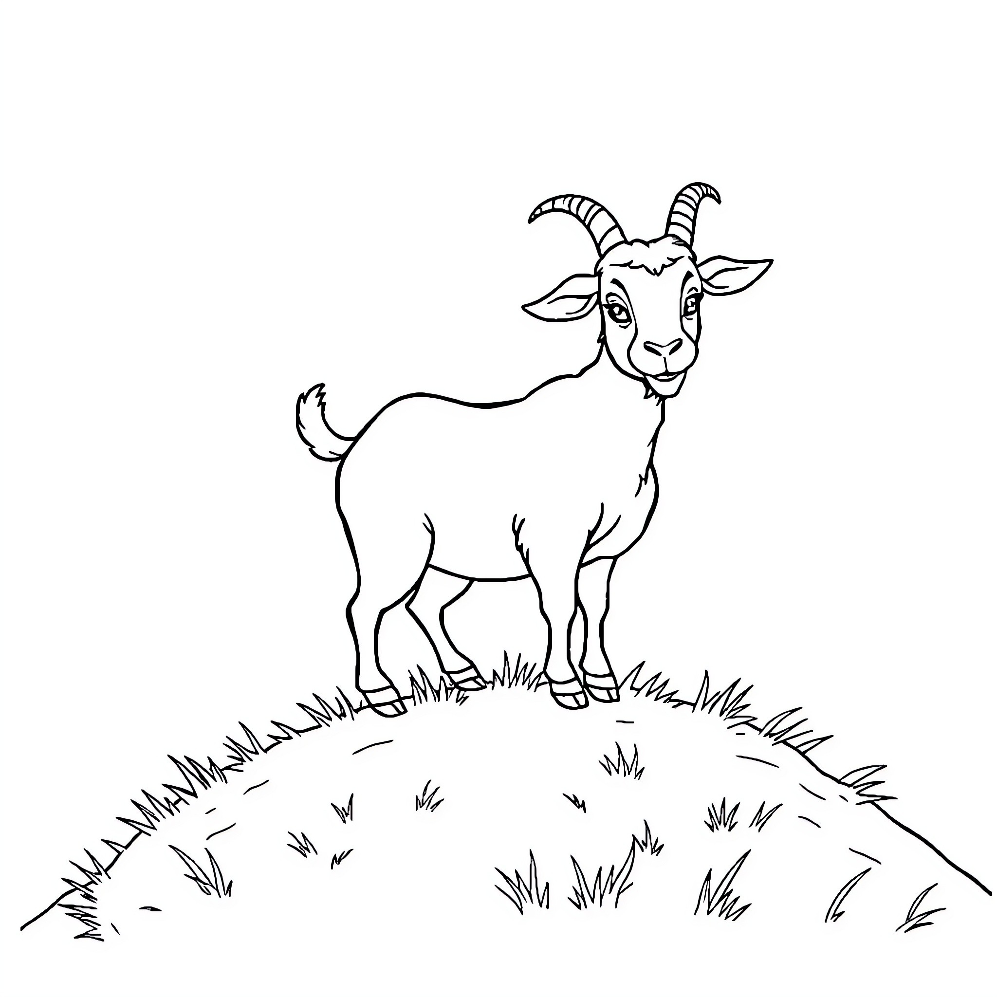 Goat standing on a grassy hill Coloring Page (free black-and-white line drawing printable PDF for all, from beginners to advanced learners, including children, teens, adults, and seniors)