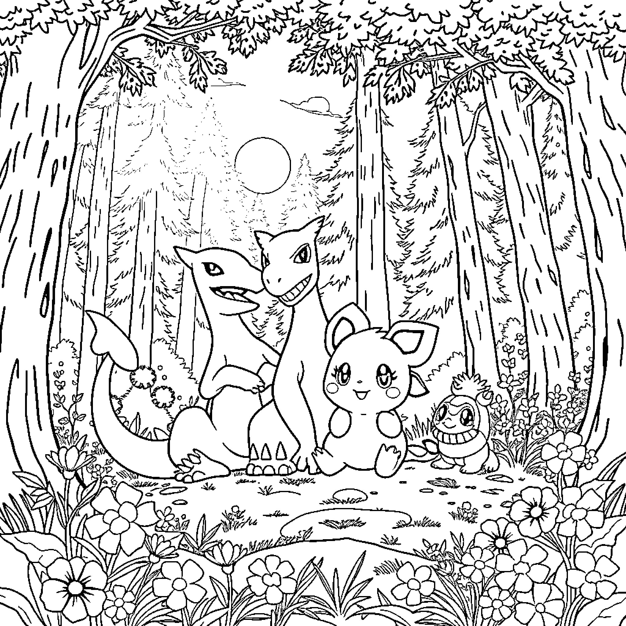 Charizard and Pokemon friends in the enchanted forest Coloring Page (free black-and-white line drawing printable PDF for all, from beginners to advanced learners, including children, teens, adults, and seniors)