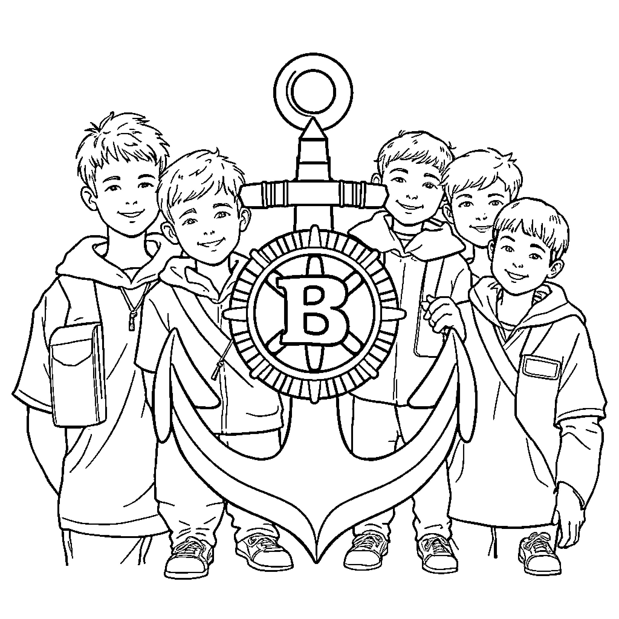 Anchor of Friendship: Boys Bonding over Shared Emblem Coloring Page (free black-and-white line drawing printable PDF for all, from beginners to advanced learners, including children, teens, adults, and seniors)