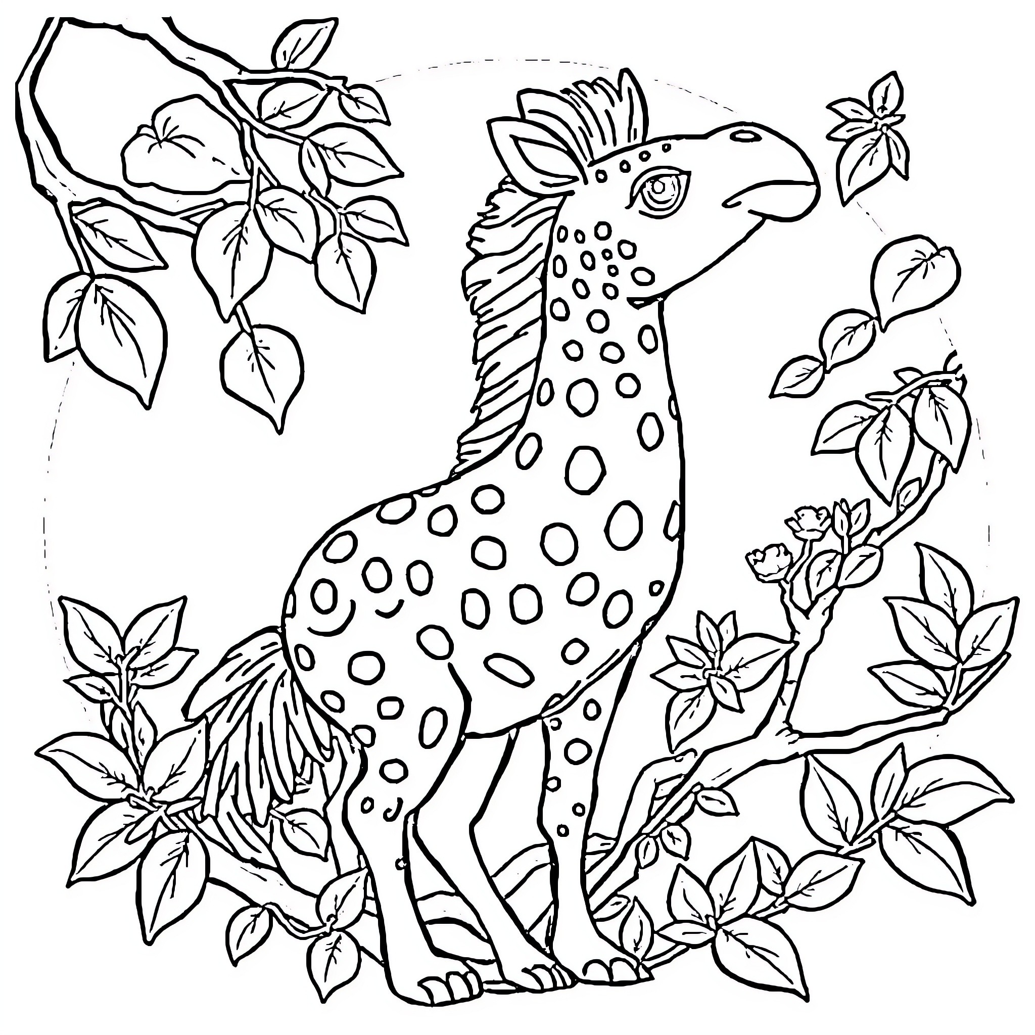 Giraffe in a Botanical Garden Coloring Page (free black-and-white line drawing printable PDF for all, from beginners to advanced learners, including children, teens, adults, and seniors)