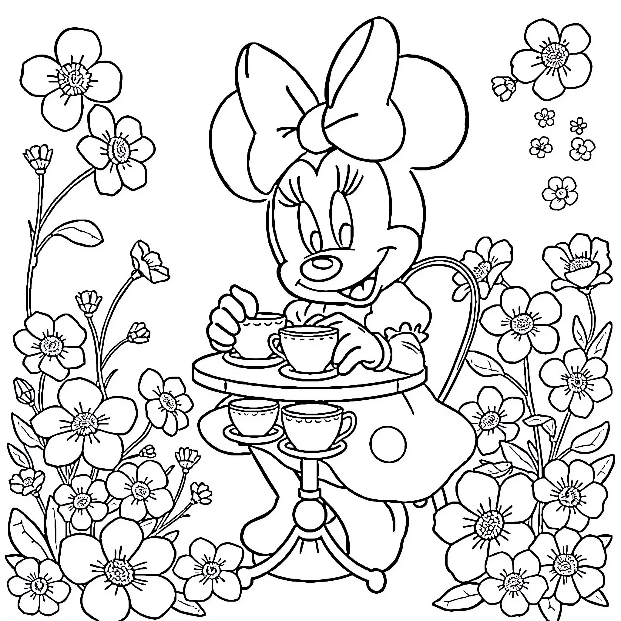 Minnie Mouse enjoying a tea party in a garden of flowers Coloring Page (free black-and-white line drawing printable PDF for all, from beginners to advanced learners, including children, teens, adults, and seniors)