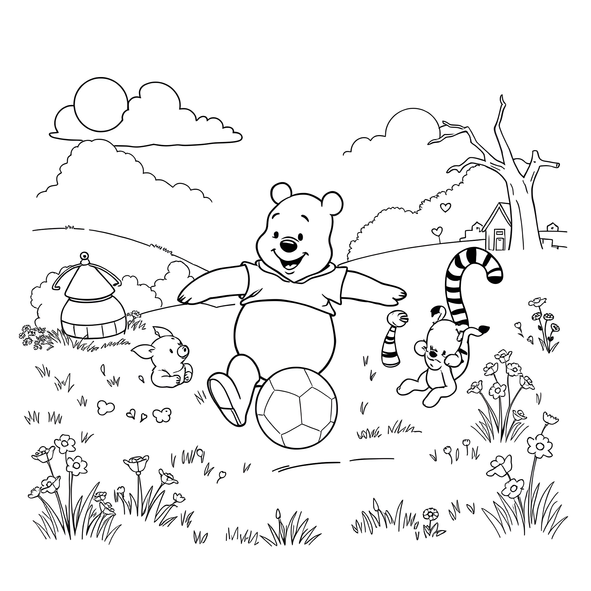 Winnie The Pooh playing with friends in the countryside Coloring Page (free black-and-white line drawing printable PDF for all, from beginners to advanced learners, including children, teens, adults, and seniors)