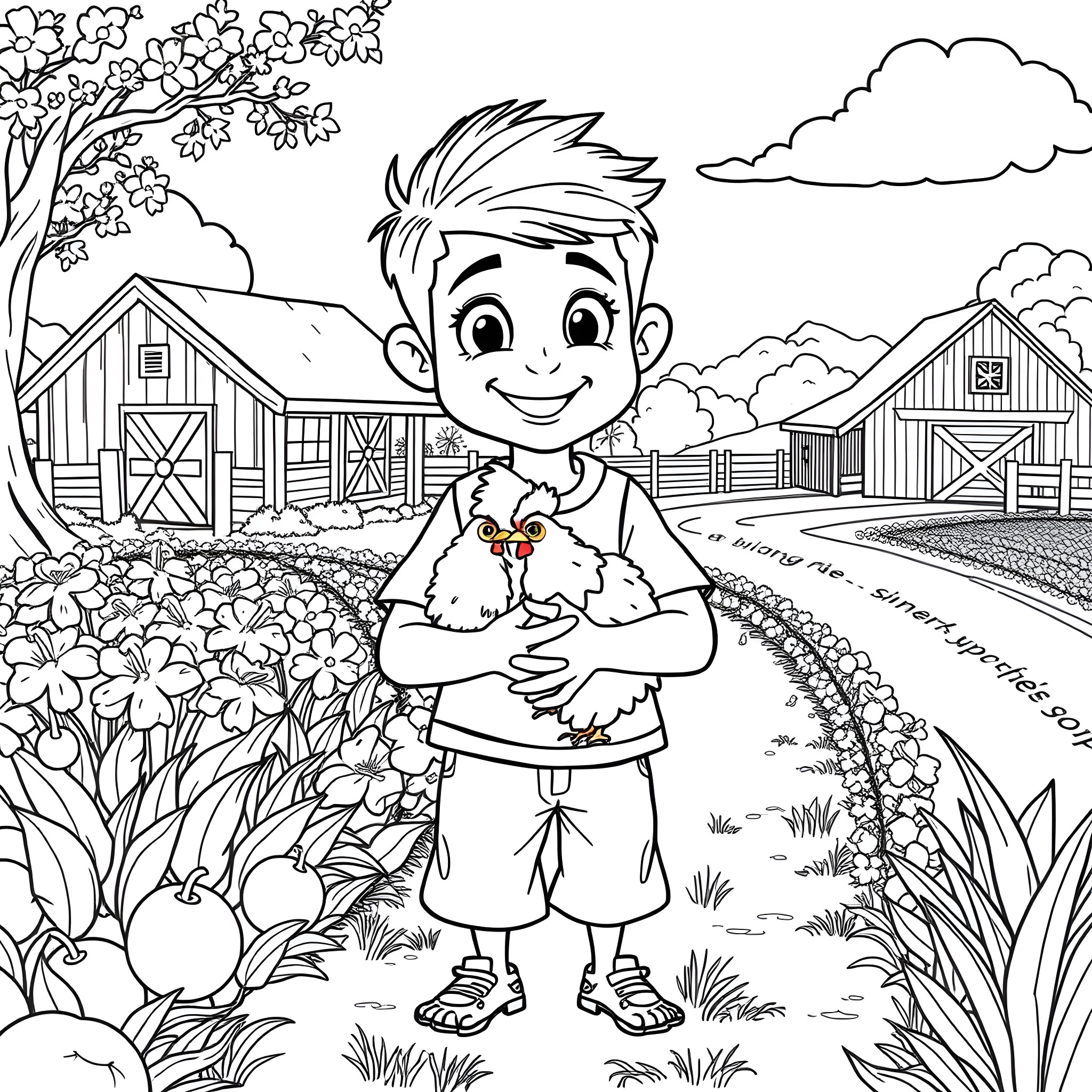 Shane's Joyful Day on the Farm Coloring Page (free black-and-white line drawing printable PDF for all, from beginners to advanced learners, including children, teens, adults, and seniors)