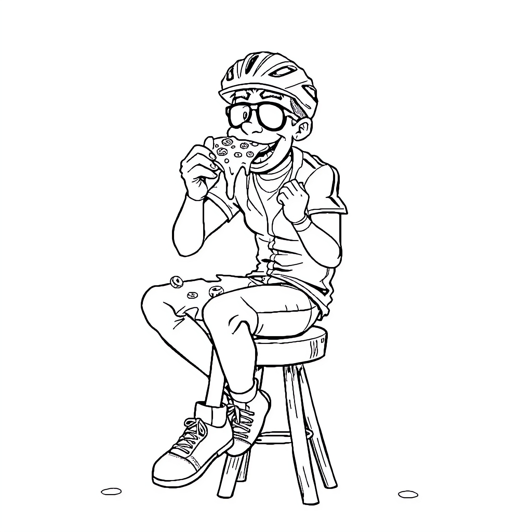 Biker resting on a stool Coloring Page (free black-and-white line drawing printable PDF for all, from beginners to advanced learners, including children, teens, adults, and seniors)