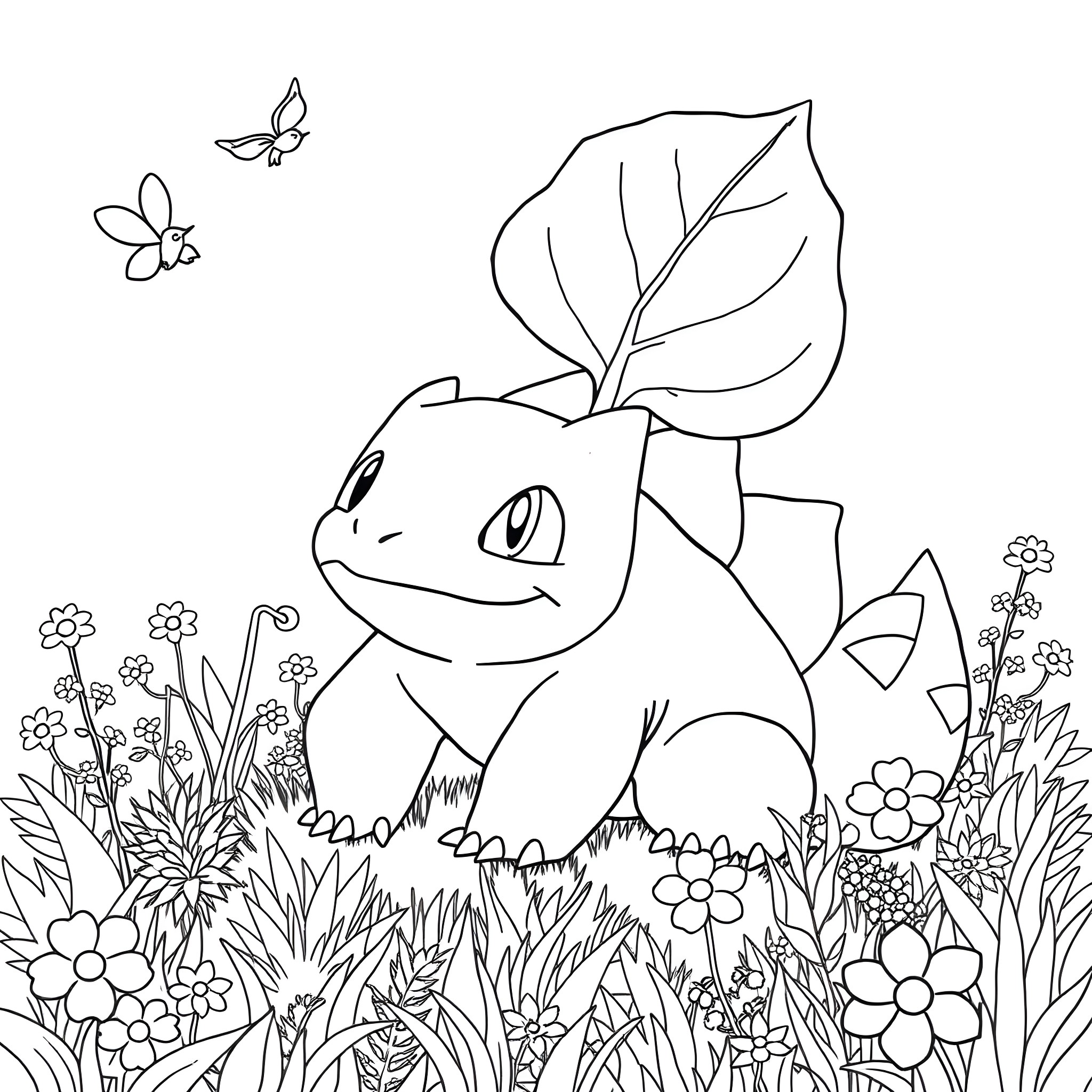 Bulbasaur explores a vibrant garden Coloring Page (free black-and-white line drawing printable PDF for all, from beginners to advanced learners, including children, teens, adults, and seniors)