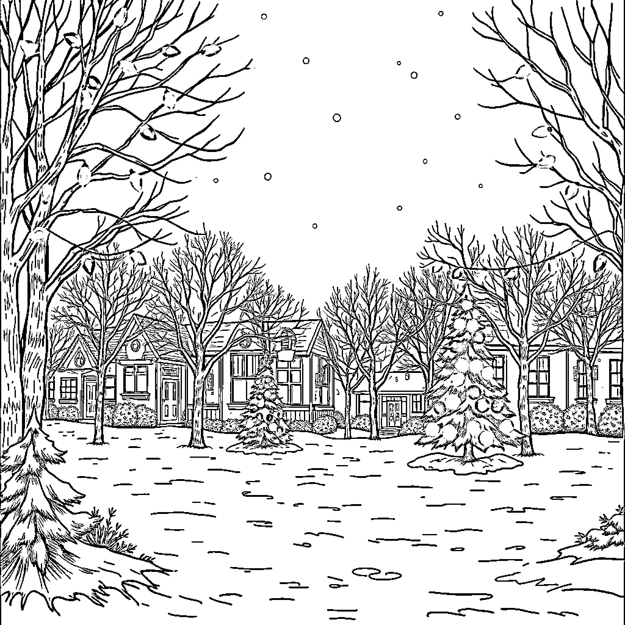 Christmas in a Snowy Village Landscape Coloring Page (free black-and-white line drawing printable PDF for all, from beginners to advanced learners, including children, teens, adults, and seniors)