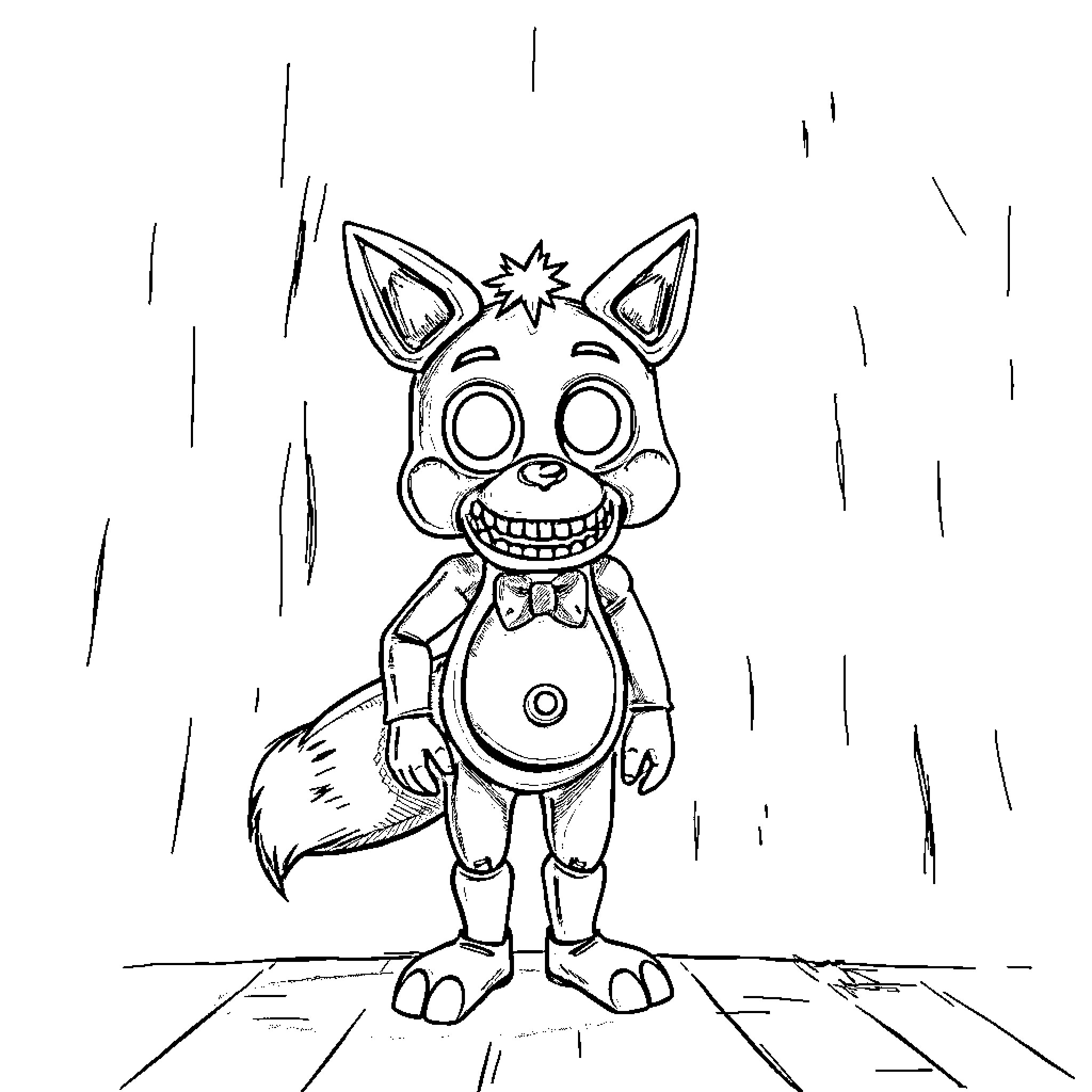 Fox animatronic character in a spooky scene Coloring Page (free black-and-white line drawing printable PDF for all, from beginners to advanced learners, including children, teens, adults, and seniors)