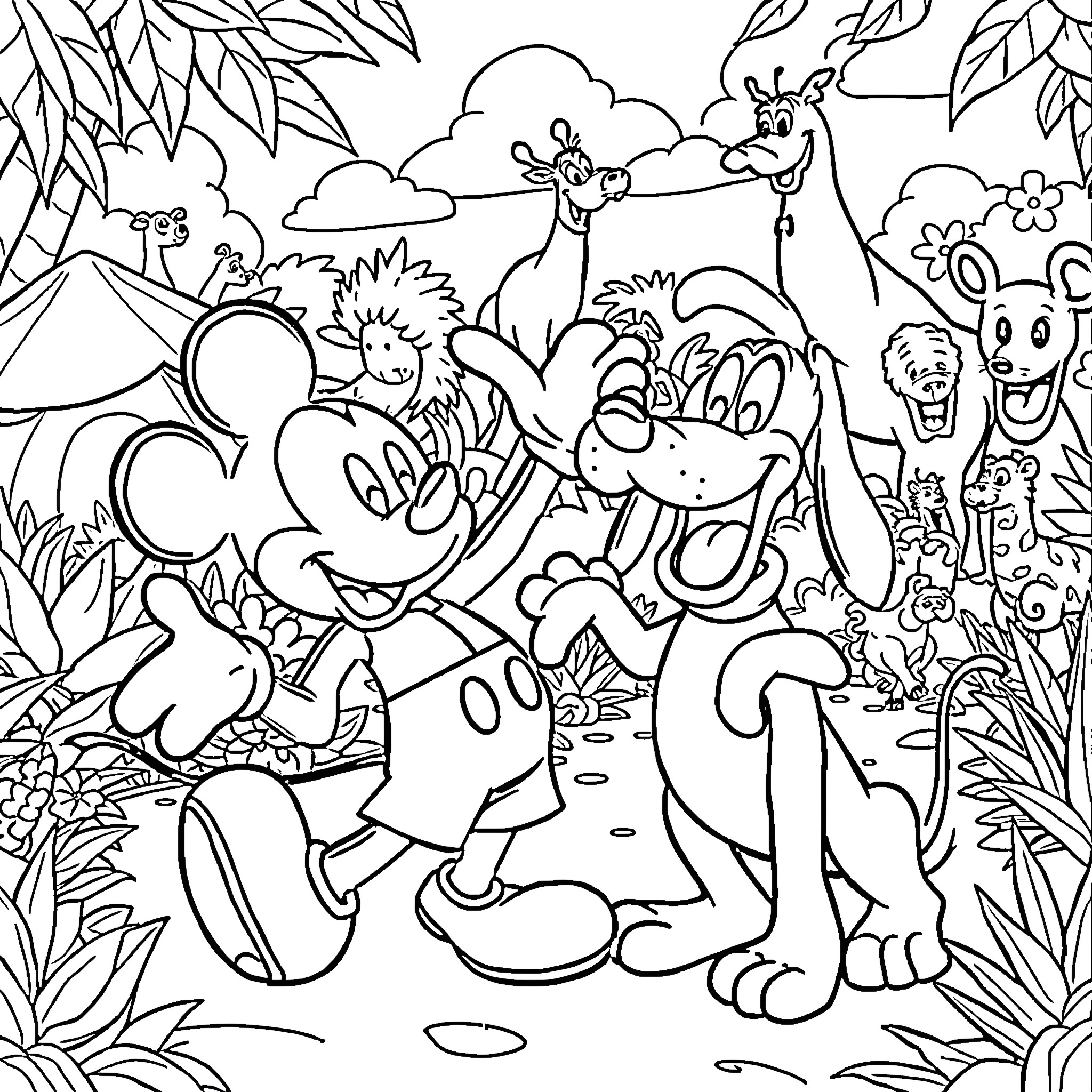 Mickey Mouse and Friends Explore the Enchanting Forest Coloring Page (free black-and-white line drawing printable PDF for all, from beginners to advanced learners, including children, teens, adults, and seniors)