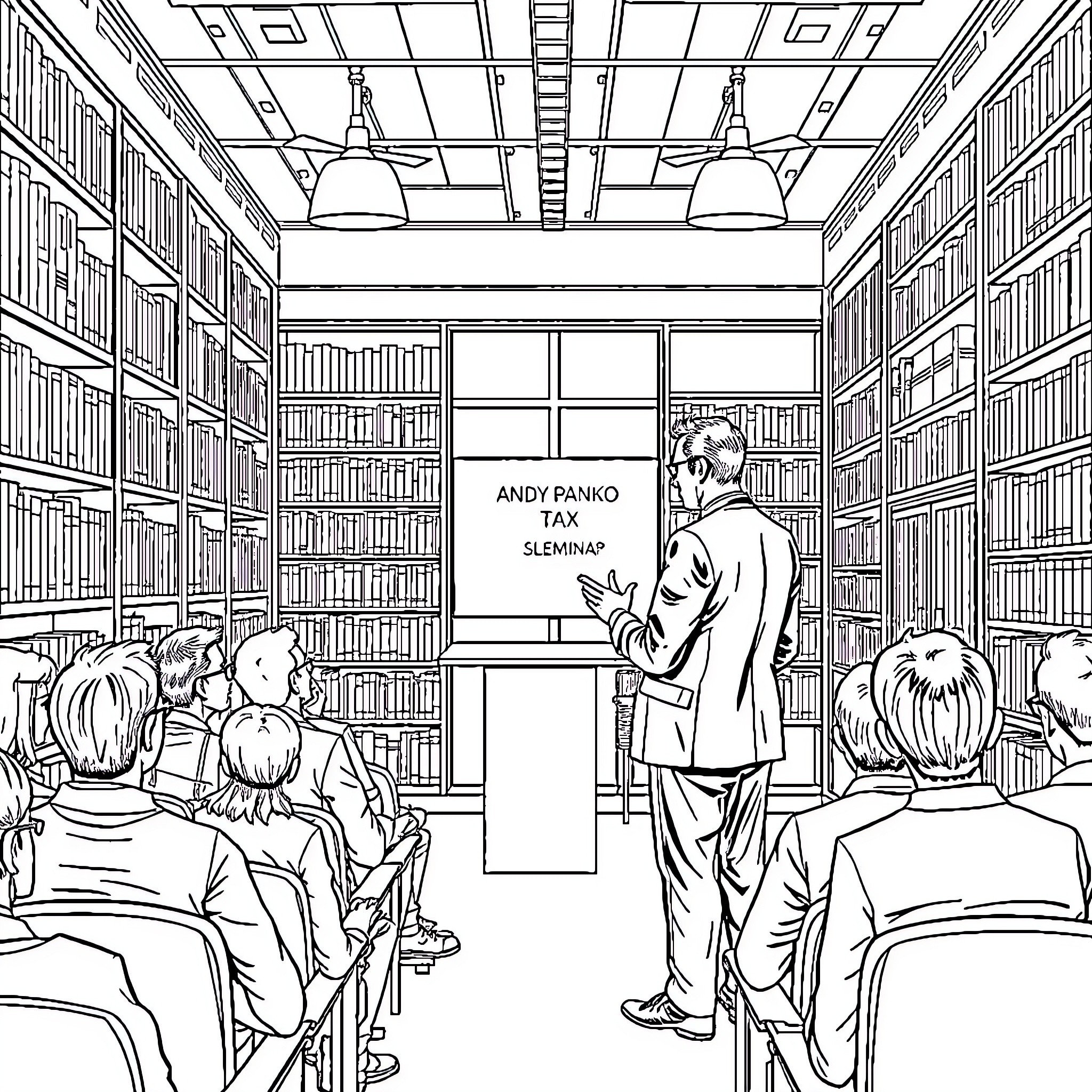 Andy Panko Giving Seminar in Library Coloring Page (free black-and-white line drawing printable PDF for all, from beginners to advanced learners, including children, teens, adults, and seniors)