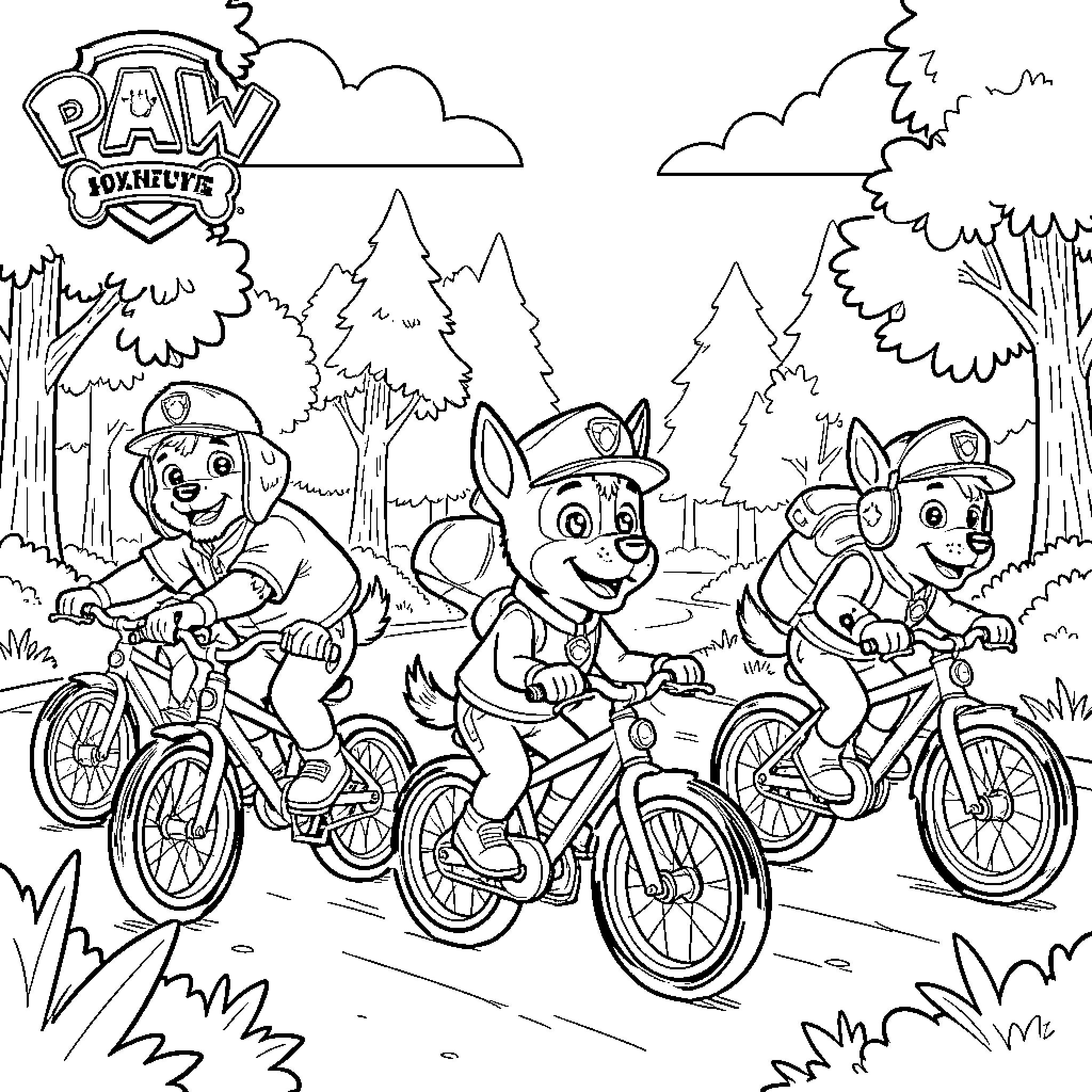 Paw Patrol pups riding bicycles through the forest Coloring Page (free black-and-white line drawing printable PDF for all, from beginners to advanced learners, including children, teens, adults, and seniors)