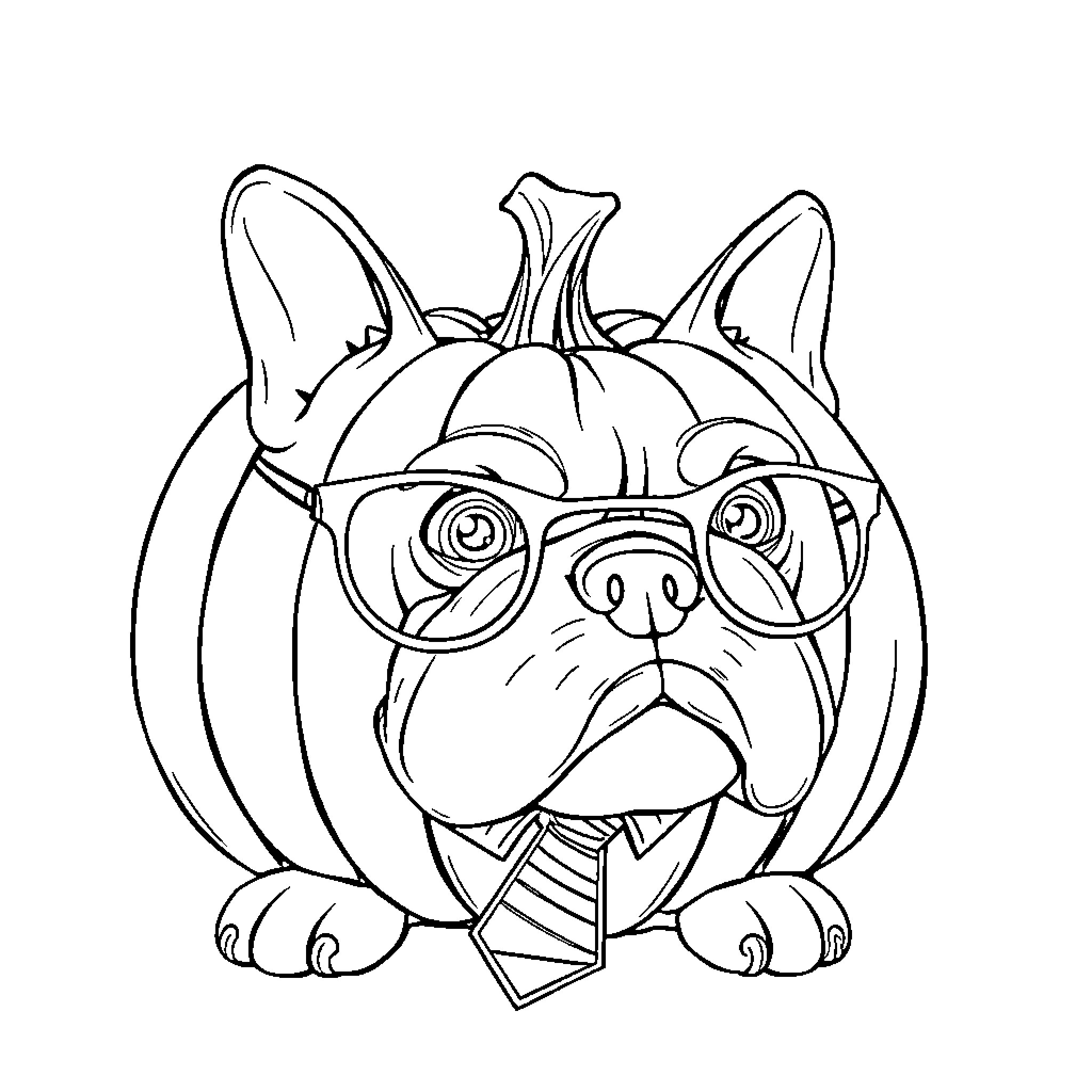 Pumpkin-Headed Dog Wearing Glasses and Tie Coloring Page (free black-and-white line drawing printable PDF for all, from beginners to advanced learners, including children, teens, adults, and seniors)