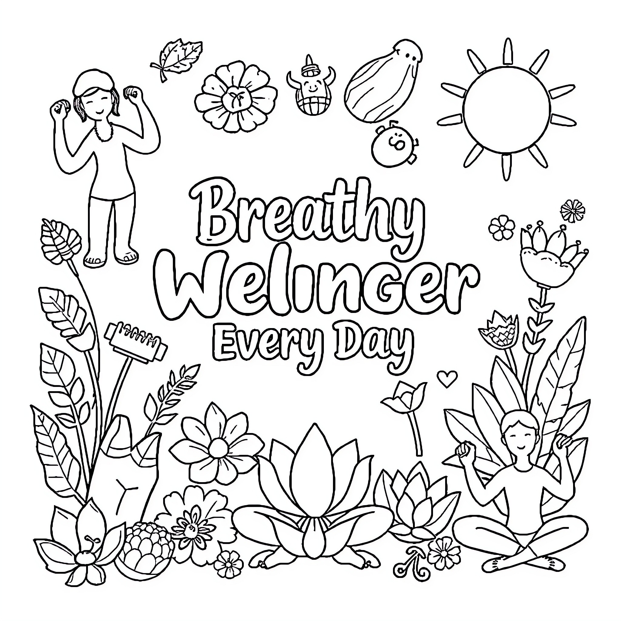 Health-Focused Wellness Imagery and Text Coloring Page (free black-and-white line drawing printable PDF for all, from beginners to advanced learners, including children, teens, adults, and seniors)