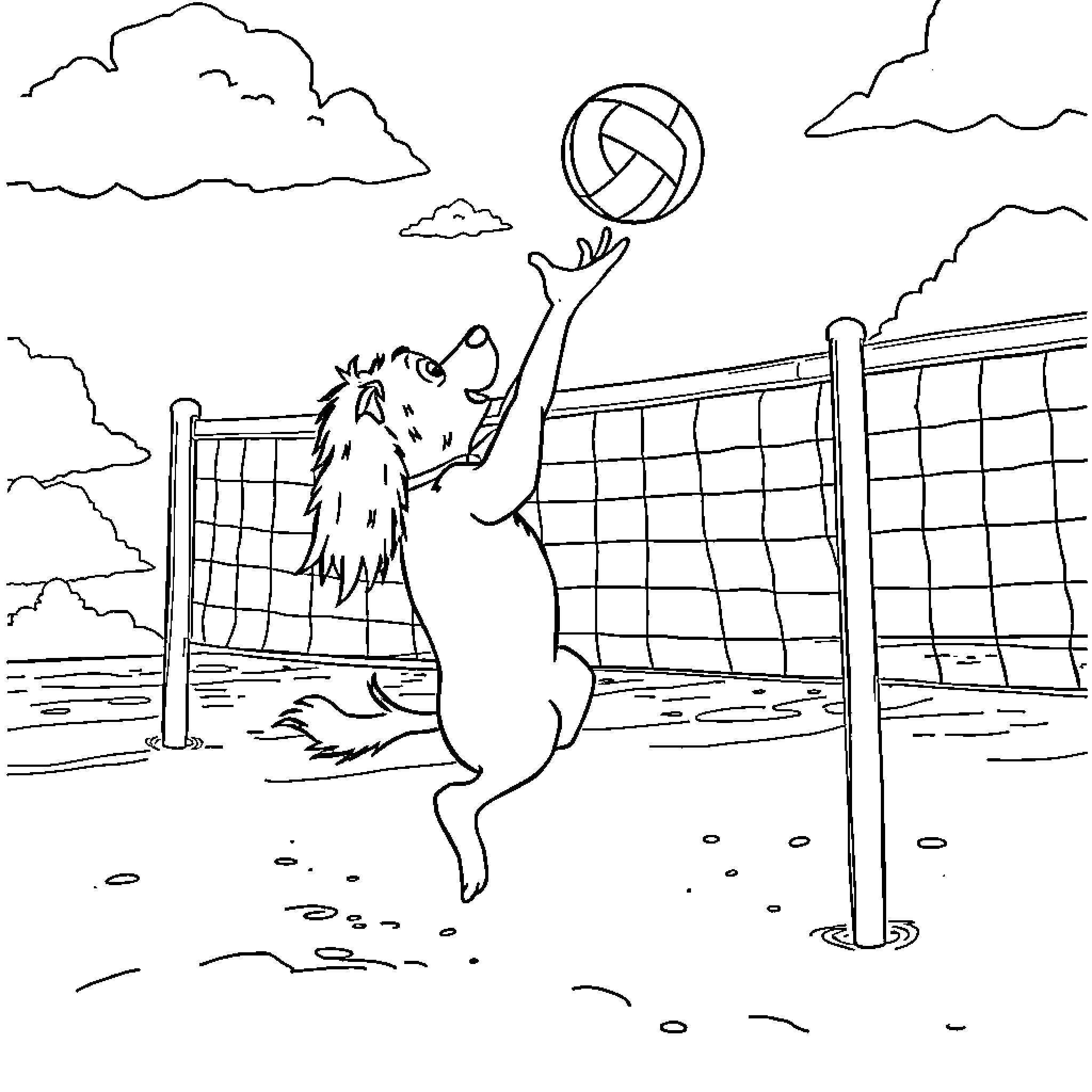 Huntrix Plays Volleyball on the Beach Coloring Page (free black-and-white line drawing printable PDF for all, from beginners to advanced learners, including children, teens, adults, and seniors)