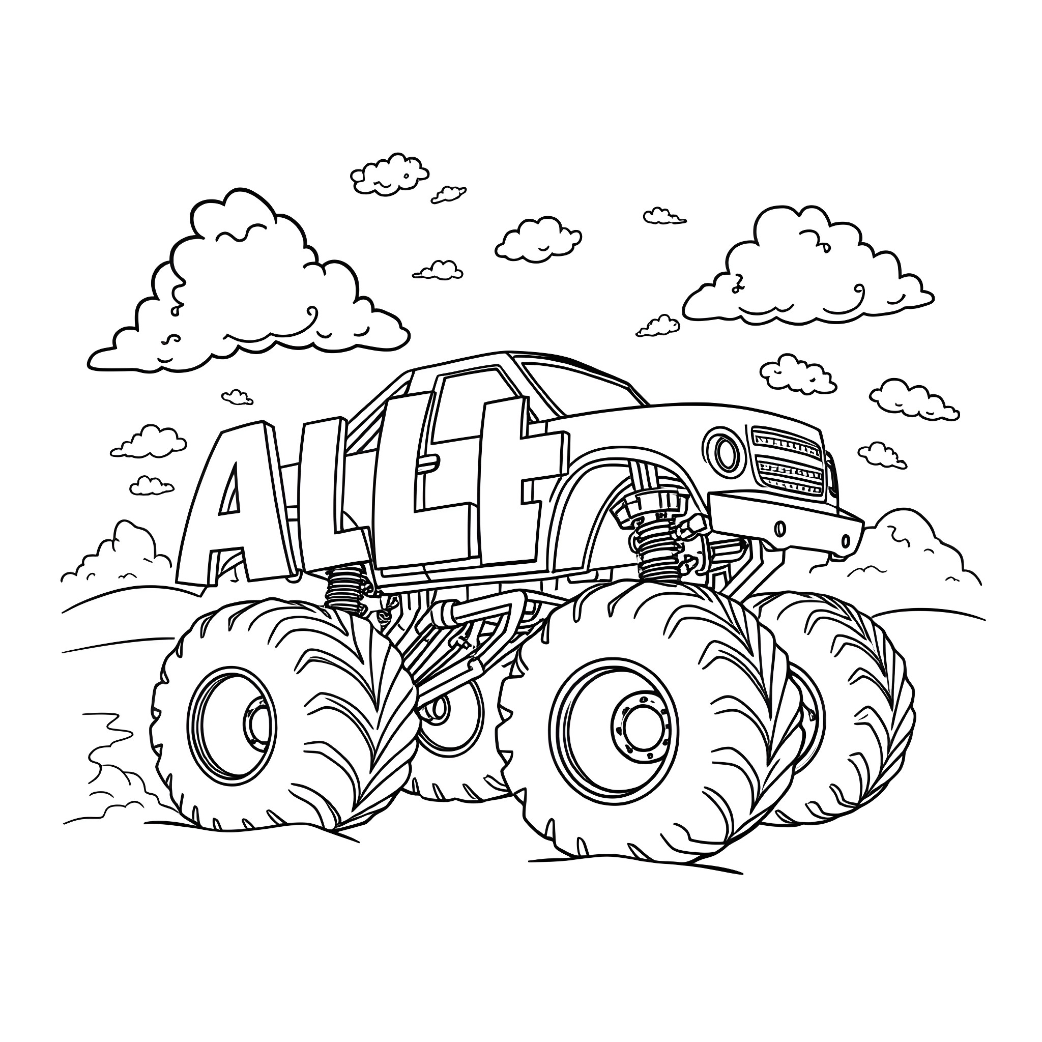 Alex's Mighty Monster Truck Adventure Coloring Page (free black-and-white line drawing printable PDF for all, from beginners to advanced learners, including children, teens, adults, and seniors)