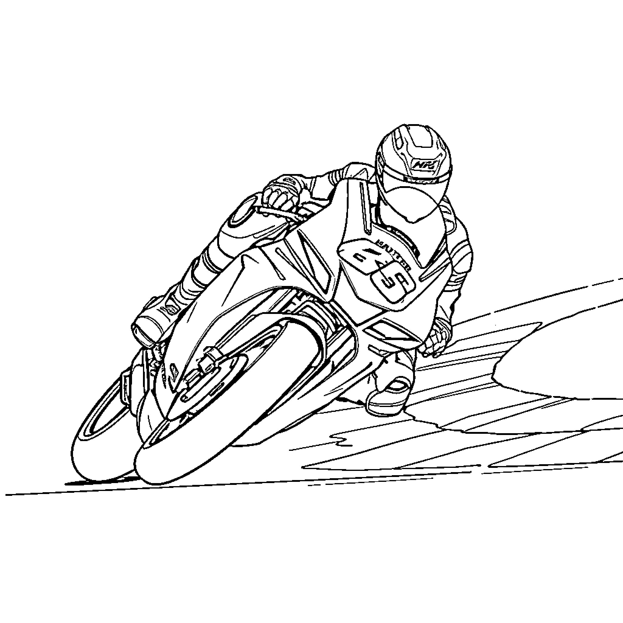 Valentino Rossi Racing Motorcycle on Track Coloring Page (free black-and-white line drawing printable PDF for all, from beginners to advanced learners, including children, teens, adults, and seniors)