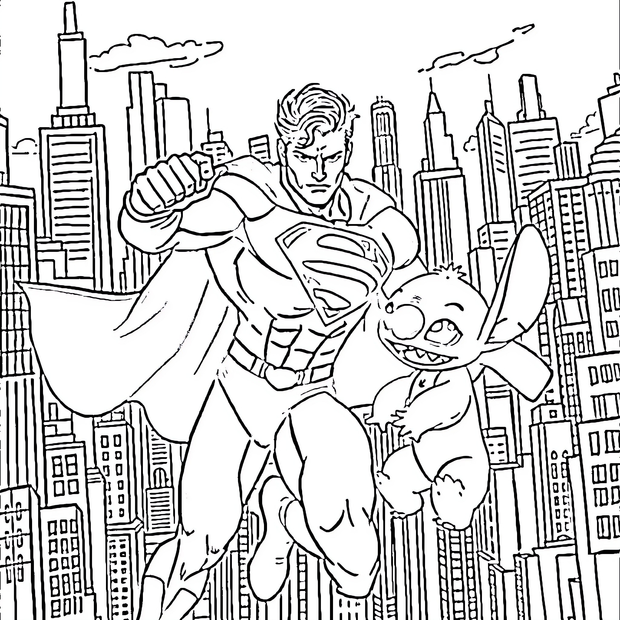 Superman protects city from above with sidekick Coloring Page (free black-and-white line drawing printable PDF for all, from beginners to advanced learners, including children, teens, adults, and seniors)