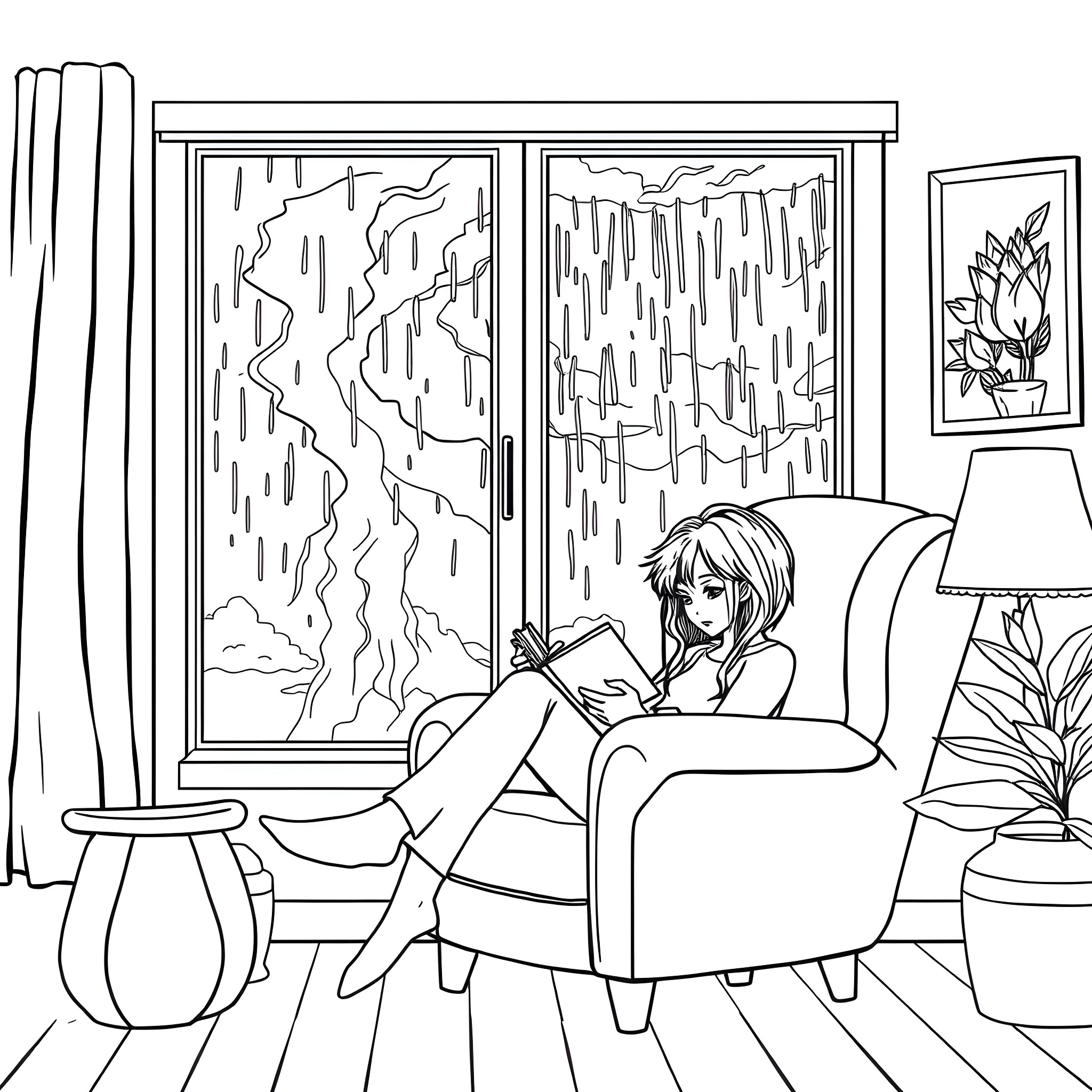 Summer rainy day indoors with a book Coloring Page (free black-and-white line drawing printable PDF for all, from beginners to advanced learners, including children, teens, adults, and seniors)