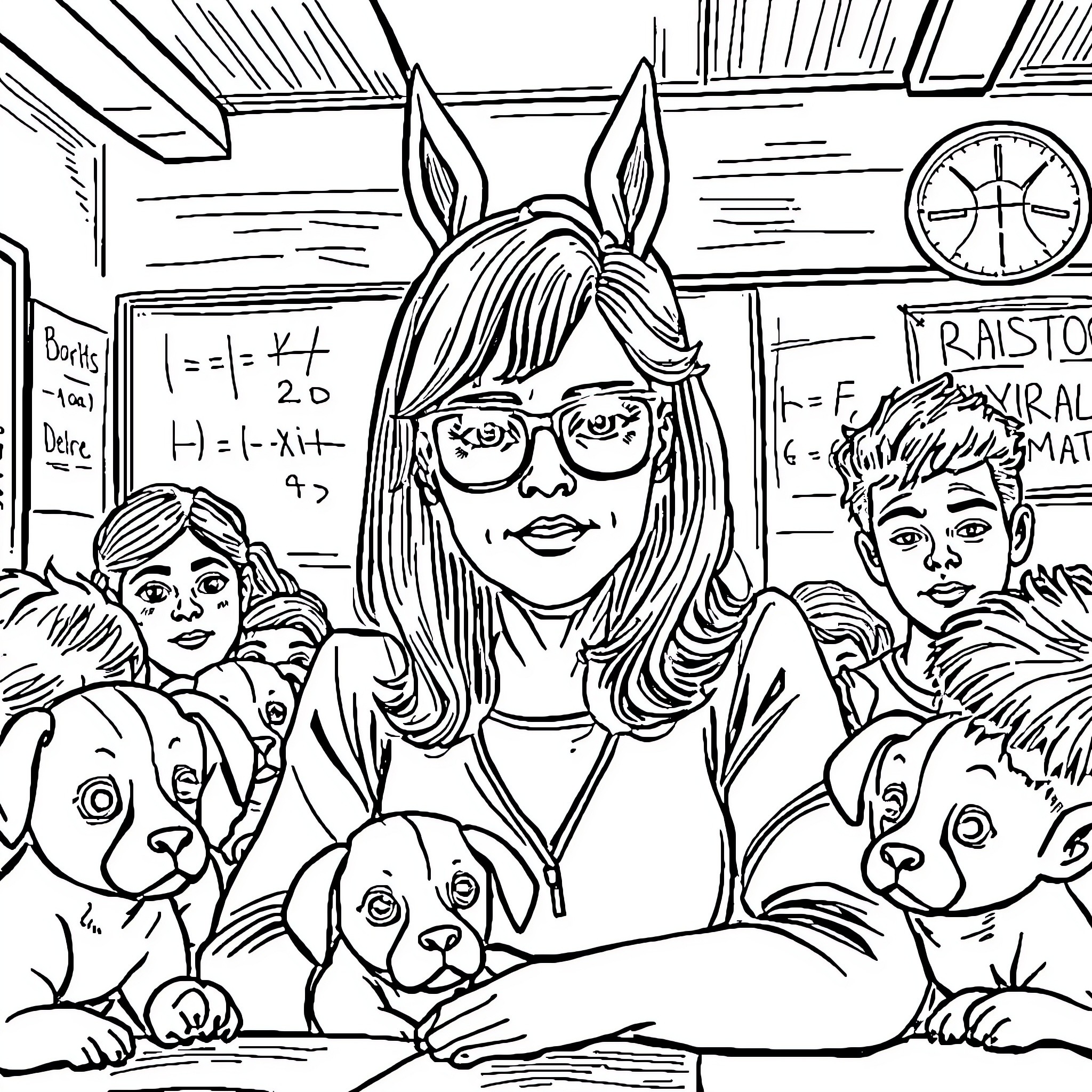 Maestra Teaching Students in Classroom with Pets Coloring Page (free black-and-white line drawing printable PDF for all, from beginners to advanced learners, including children, teens, adults, and seniors)
