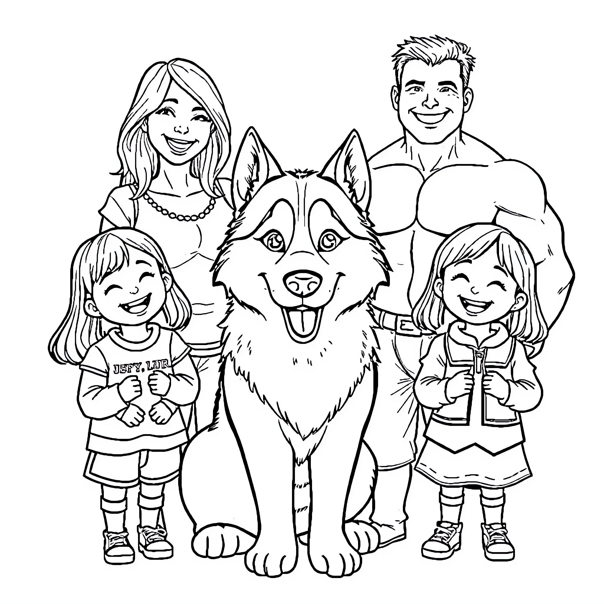 Husky with happy family posing for a photo Coloring Page (free black-and-white line drawing printable PDF for all, from beginners to advanced learners, including children, teens, adults, and seniors)