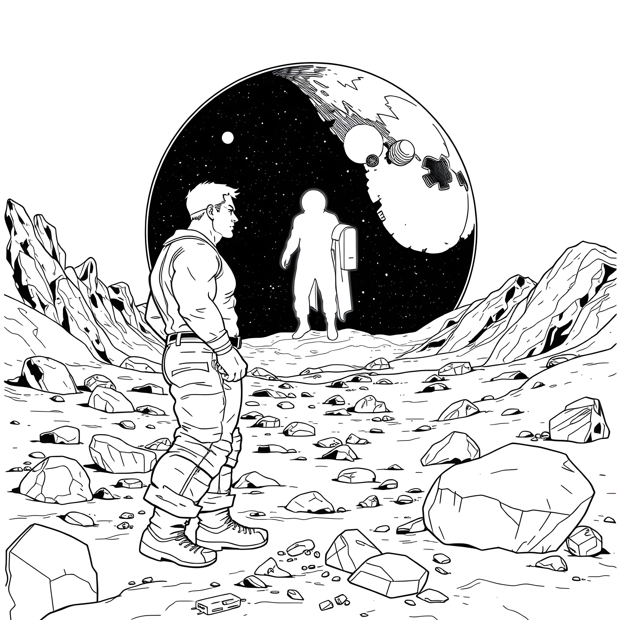 Rocky Astronauts exploring the Alien Landscape Coloring Page (free black-and-white line drawing printable PDF for all, from beginners to advanced learners, including children, teens, adults, and seniors)
