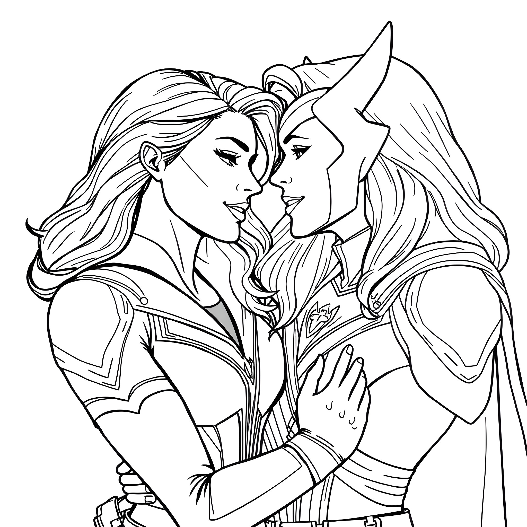 Scarlet Witch and Hero in Intimate Embrace Coloring Page (free black-and-white line drawing printable PDF for all, from beginners to advanced learners, including children, teens, adults, and seniors)
