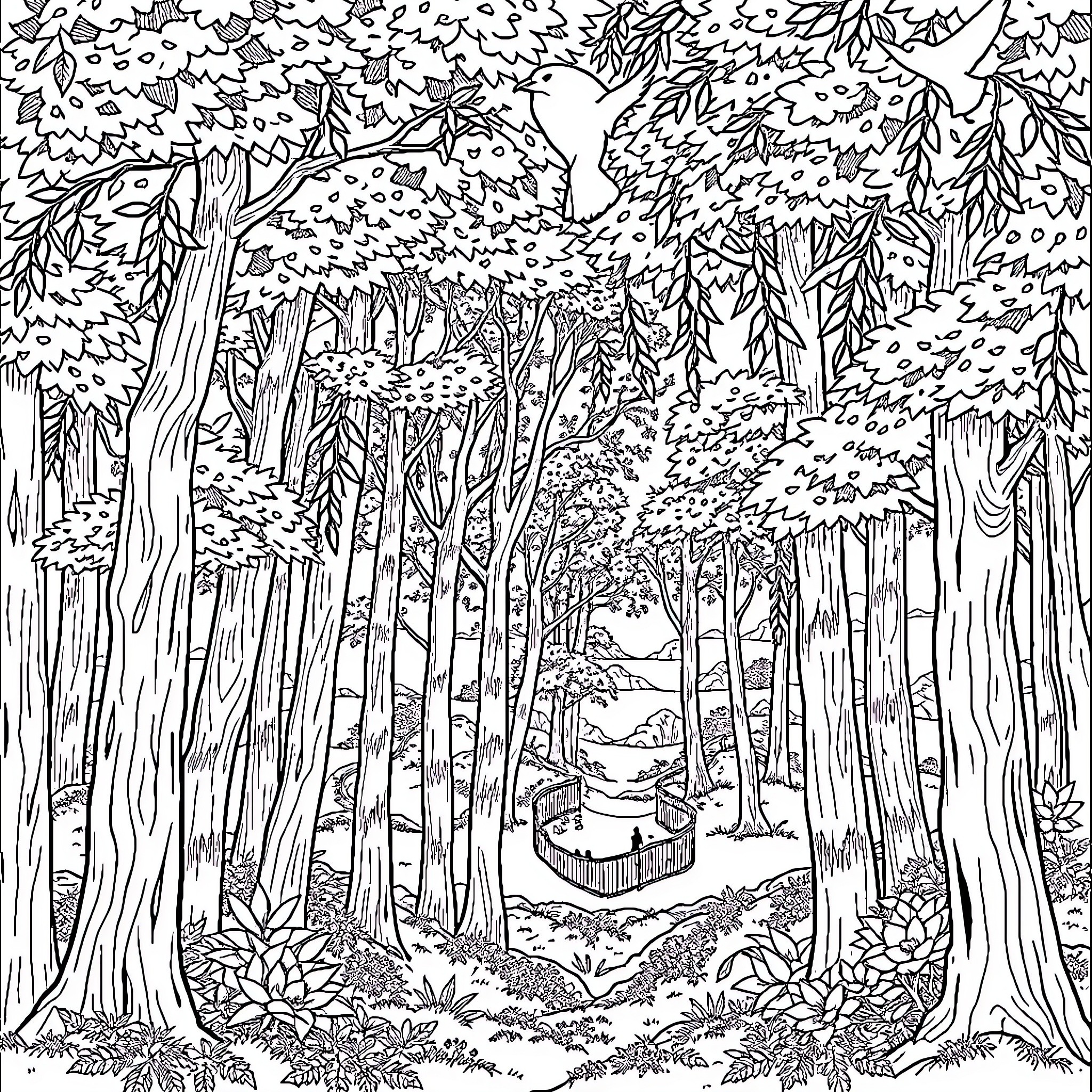 Fairy Tale Forest with Enchanting Wonders Coloring Page (free black-and-white line drawing printable PDF for all, from beginners to advanced learners, including children, teens, adults, and seniors)