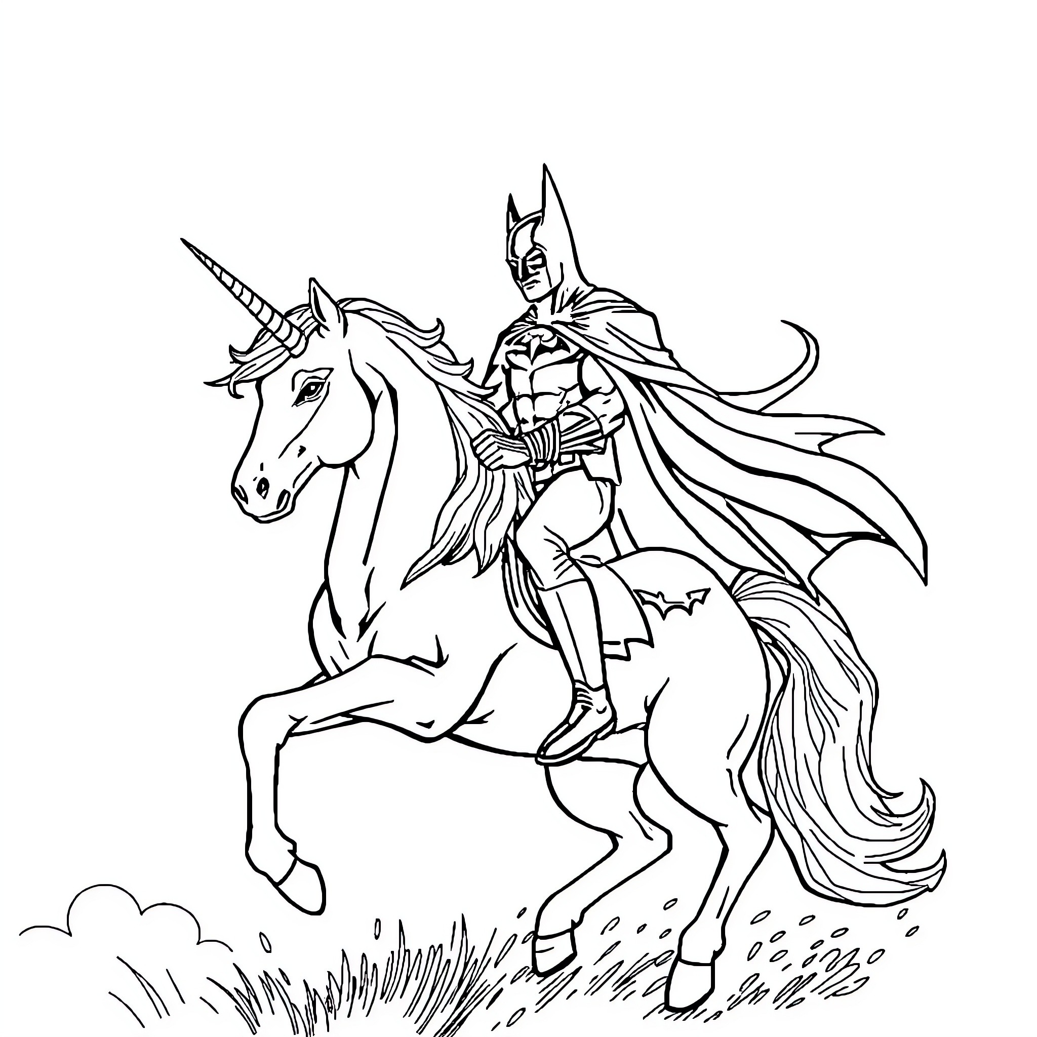 Batman riding a unicorn in a fantasy setting Coloring Page (free black-and-white line drawing printable PDF for all, from beginners to advanced learners, including children, teens, adults, and seniors)