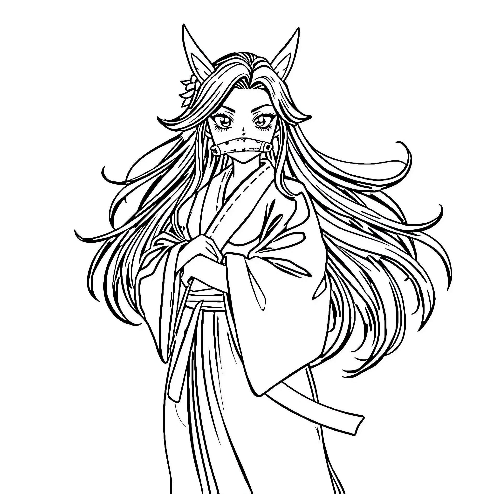 Nezuko in traditional Japanese attire Coloring Page (free black-and-white line drawing printable PDF for all, from beginners to advanced learners, including children, teens, adults, and seniors)