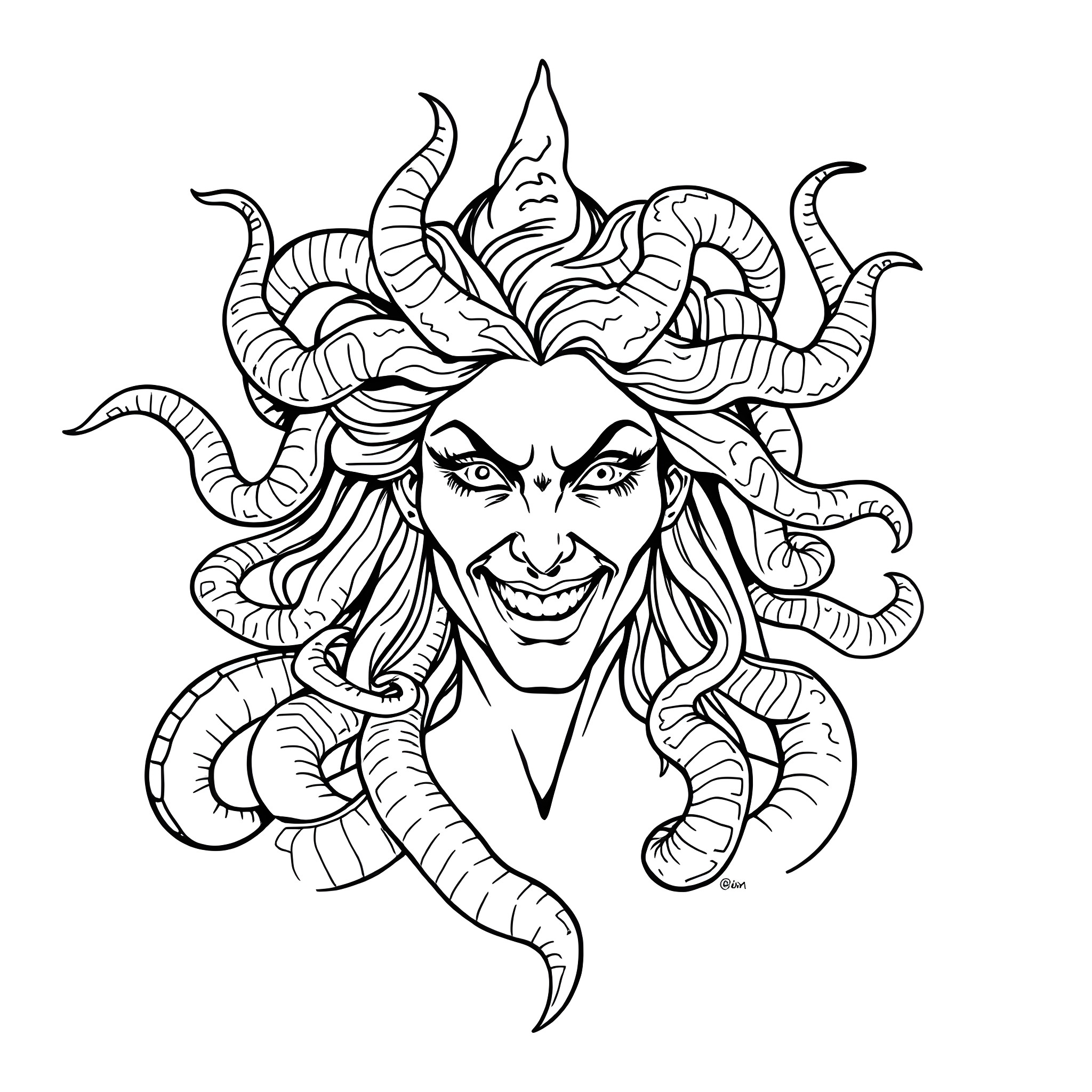Medusa with Fierce Gaze and Serpentine Hair Coloring Page (free black-and-white line drawing printable PDF for all, from beginners to advanced learners, including children, teens, adults, and seniors)