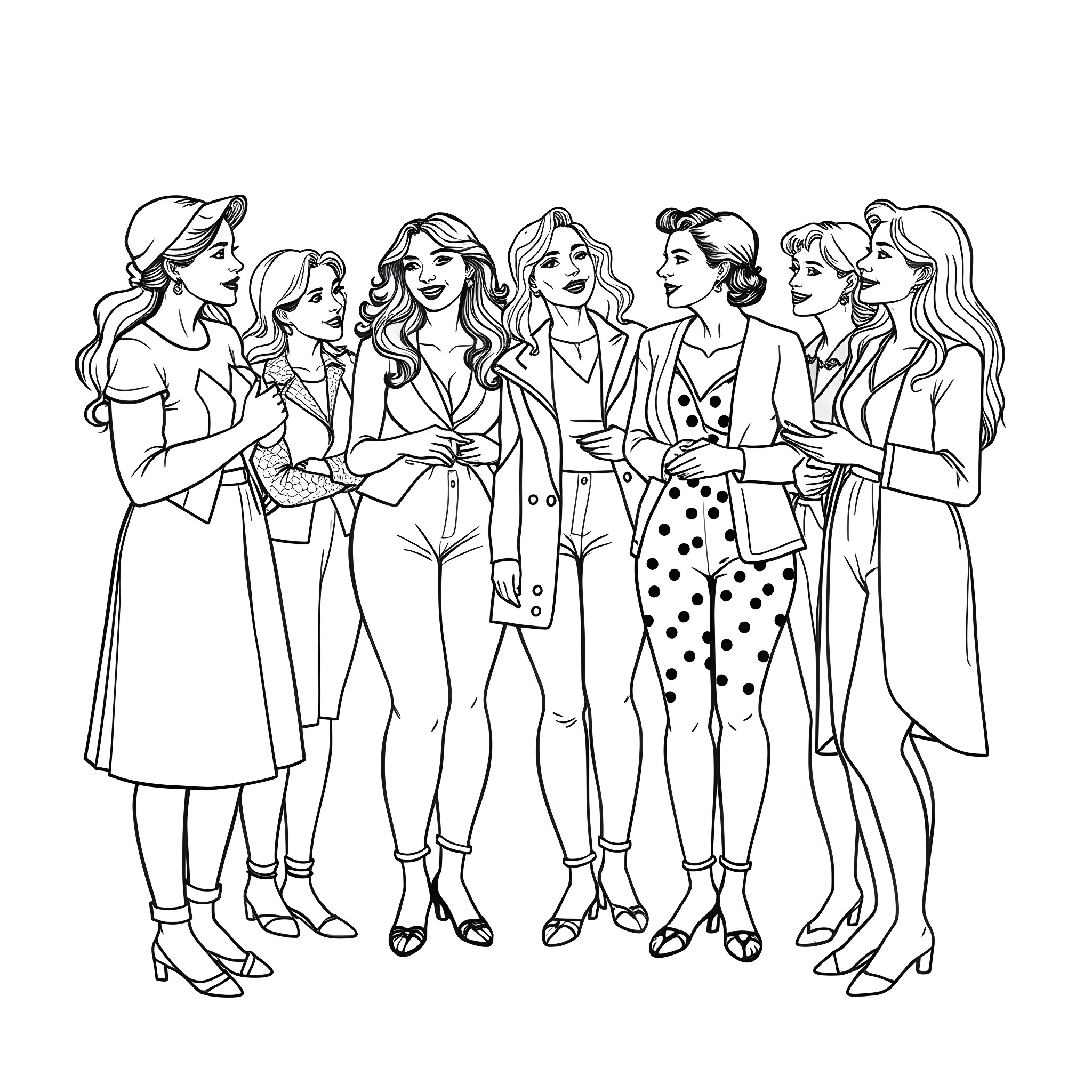 Woman with friends in stylish outfits Coloring Page (free black-and-white line drawing printable PDF for all, from beginners to advanced learners, including children, teens, adults, and seniors)
