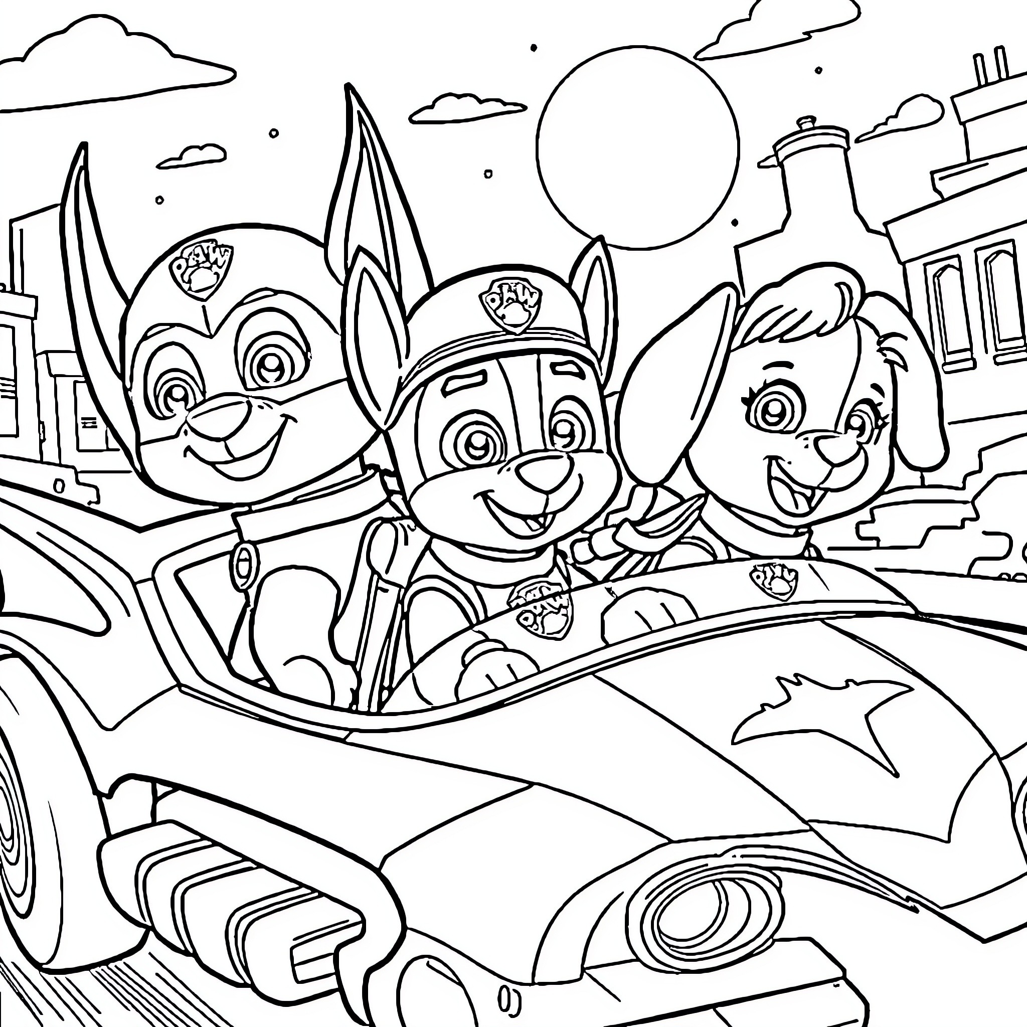 Paw Patrol characters on a vehicle adventure Coloring Page (free black-and-white line drawing printable PDF for all, from beginners to advanced learners, including children, teens, adults, and seniors)