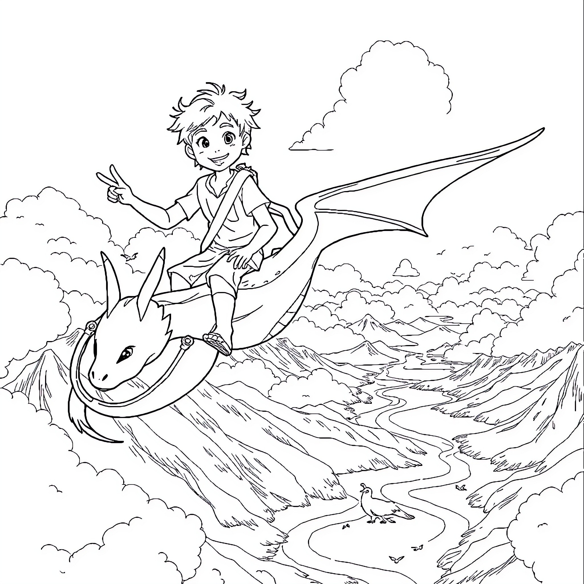 Dragon Rider's Soaring Adventure Coloring Page (free black-and-white line drawing printable PDF for all, from beginners to advanced learners, including children, teens, adults, and seniors)