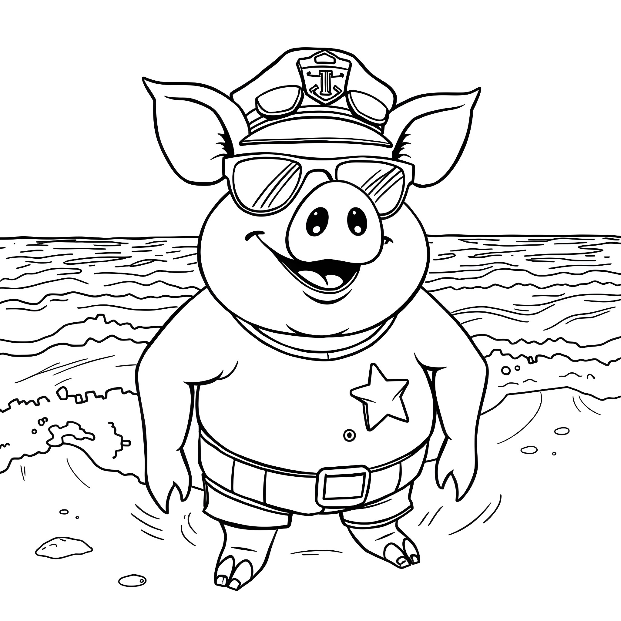 Pig in a sailor's hat enjoying the beach Coloring Page (free black-and-white line drawing printable PDF for all, from beginners to advanced learners, including children, teens, adults, and seniors)