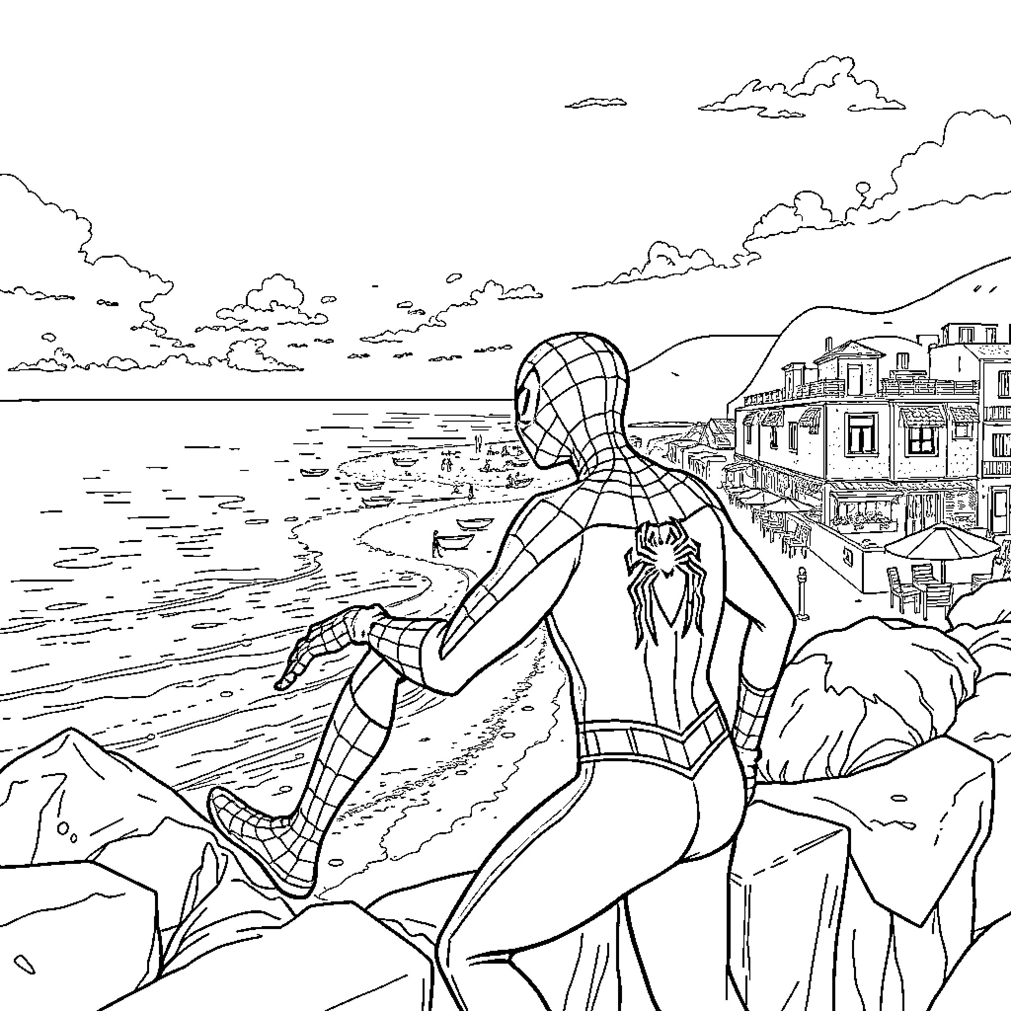 Spiderman overlooking the city skyline and coastline Coloring Page (free black-and-white line drawing printable PDF for all, from beginners to advanced learners, including children, teens, adults, and seniors)