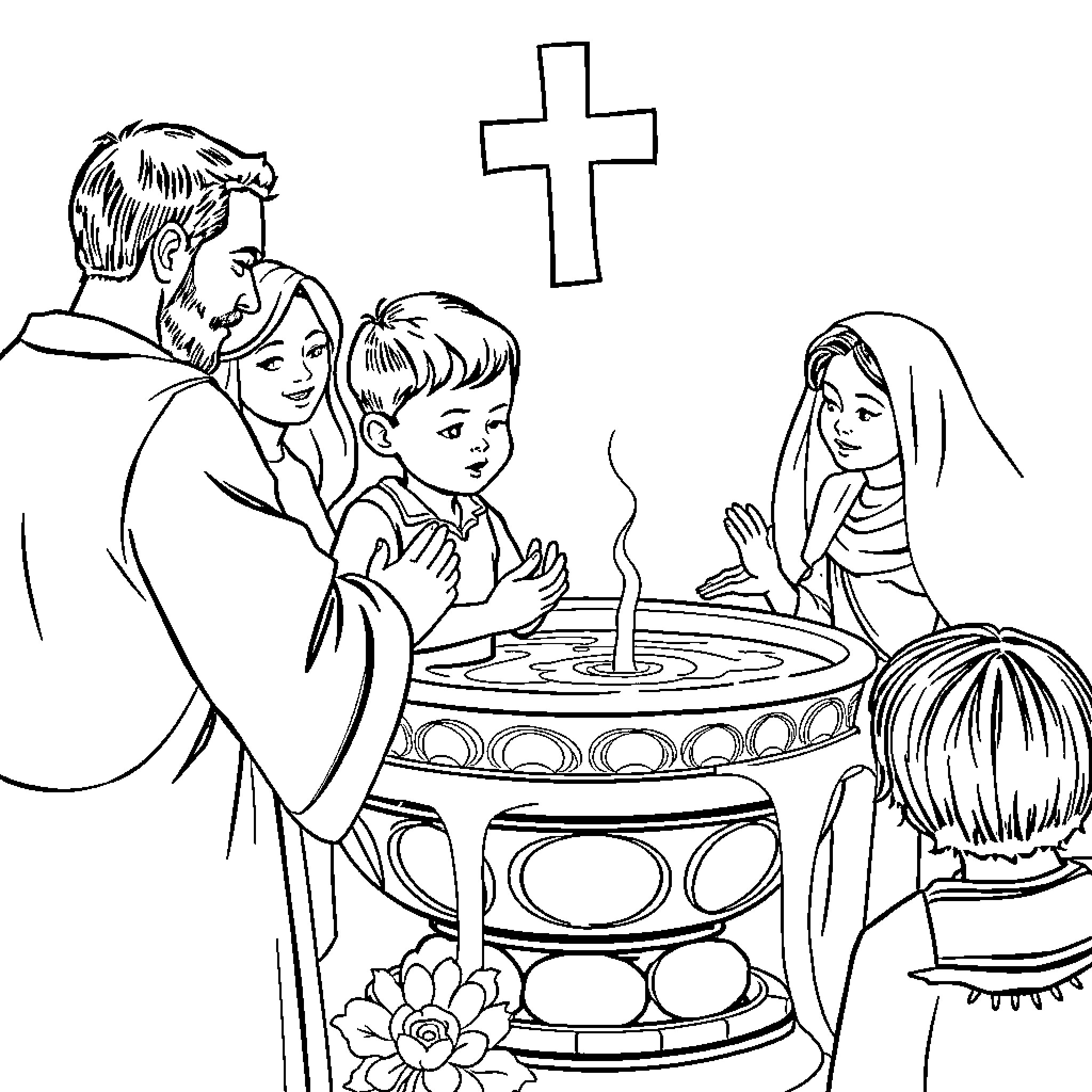 Boy and family in solemn religious ceremony Coloring Page (free black-and-white line drawing printable PDF for all, from beginners to advanced learners, including children, teens, adults, and seniors)
