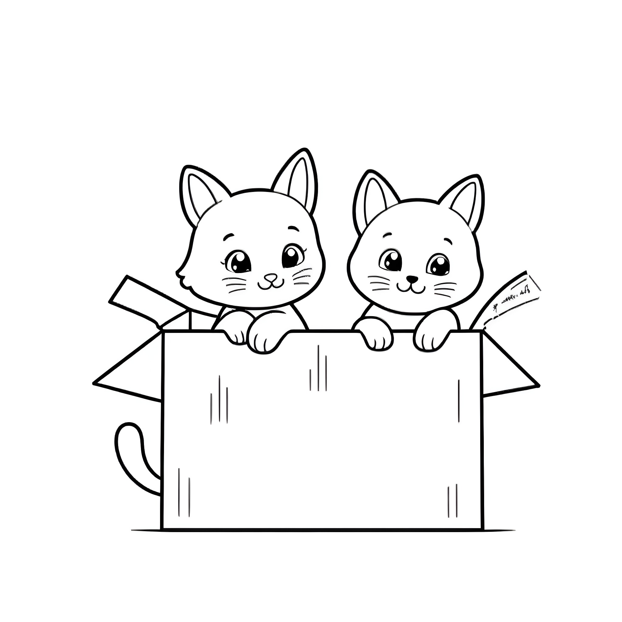 Kittens playing in a box Coloring Page (free black-and-white line drawing printable PDF for all, from beginners to advanced learners, including children, teens, adults, and seniors)